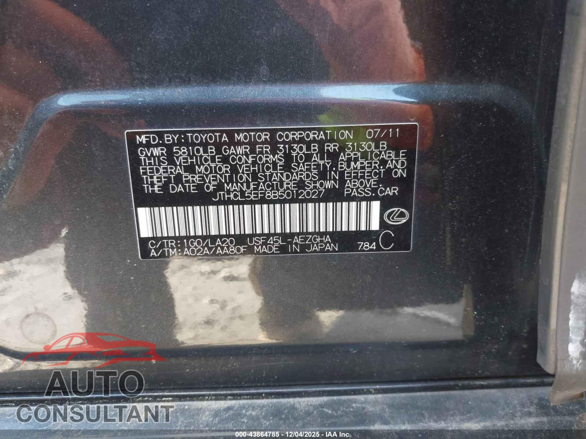 LEXUS LS 460 2011 - JTHCL5EF8B5012027