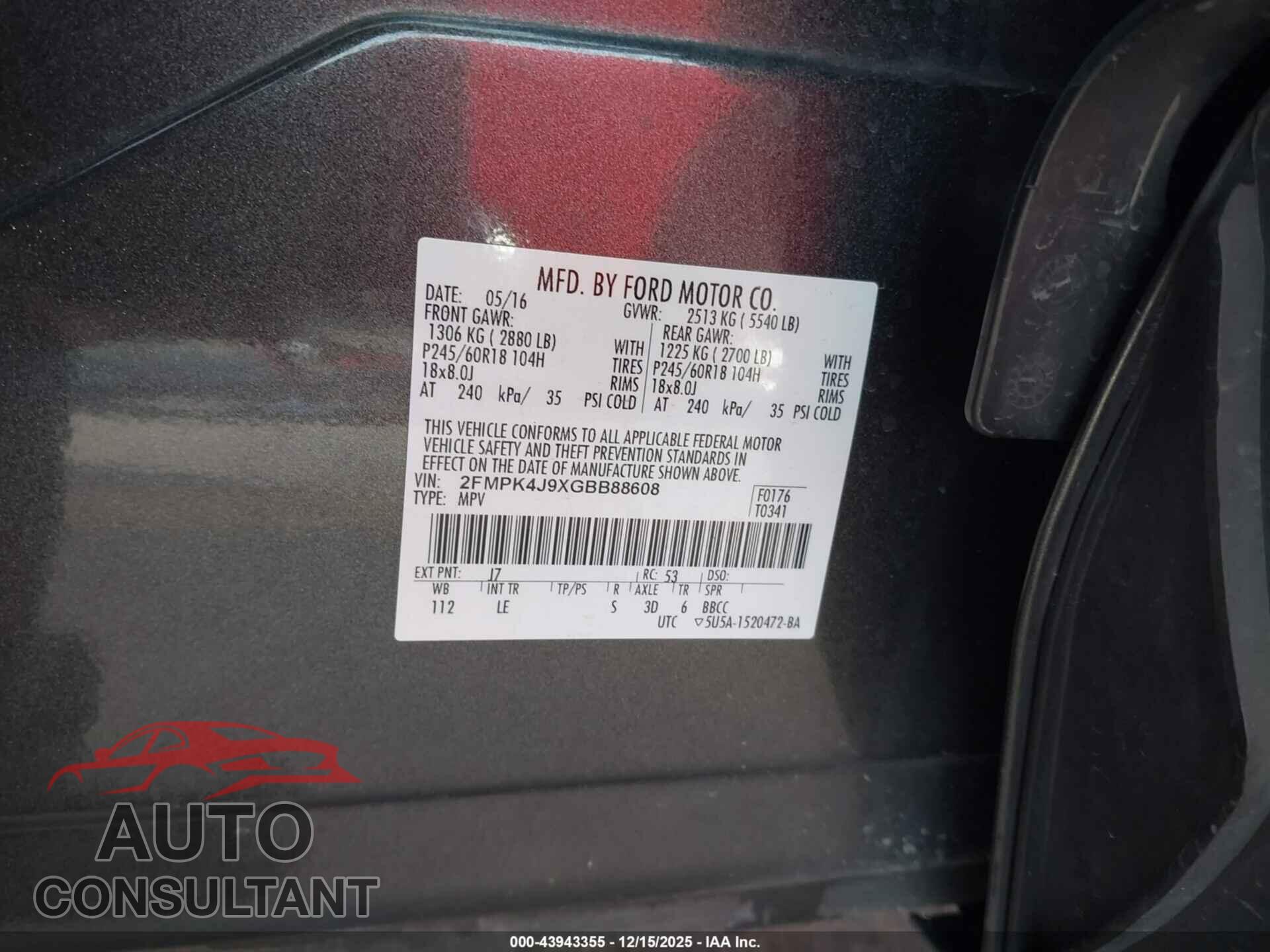 FORD EDGE 2016 - 2FMPK4J9XGBB88608