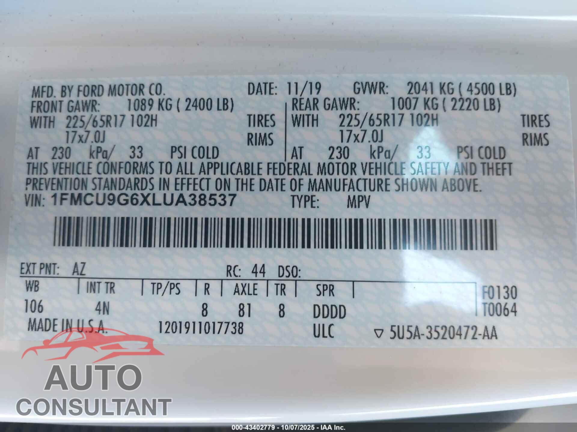 FORD ESCAPE 2020 - 1FMCU9G6XLUA38537