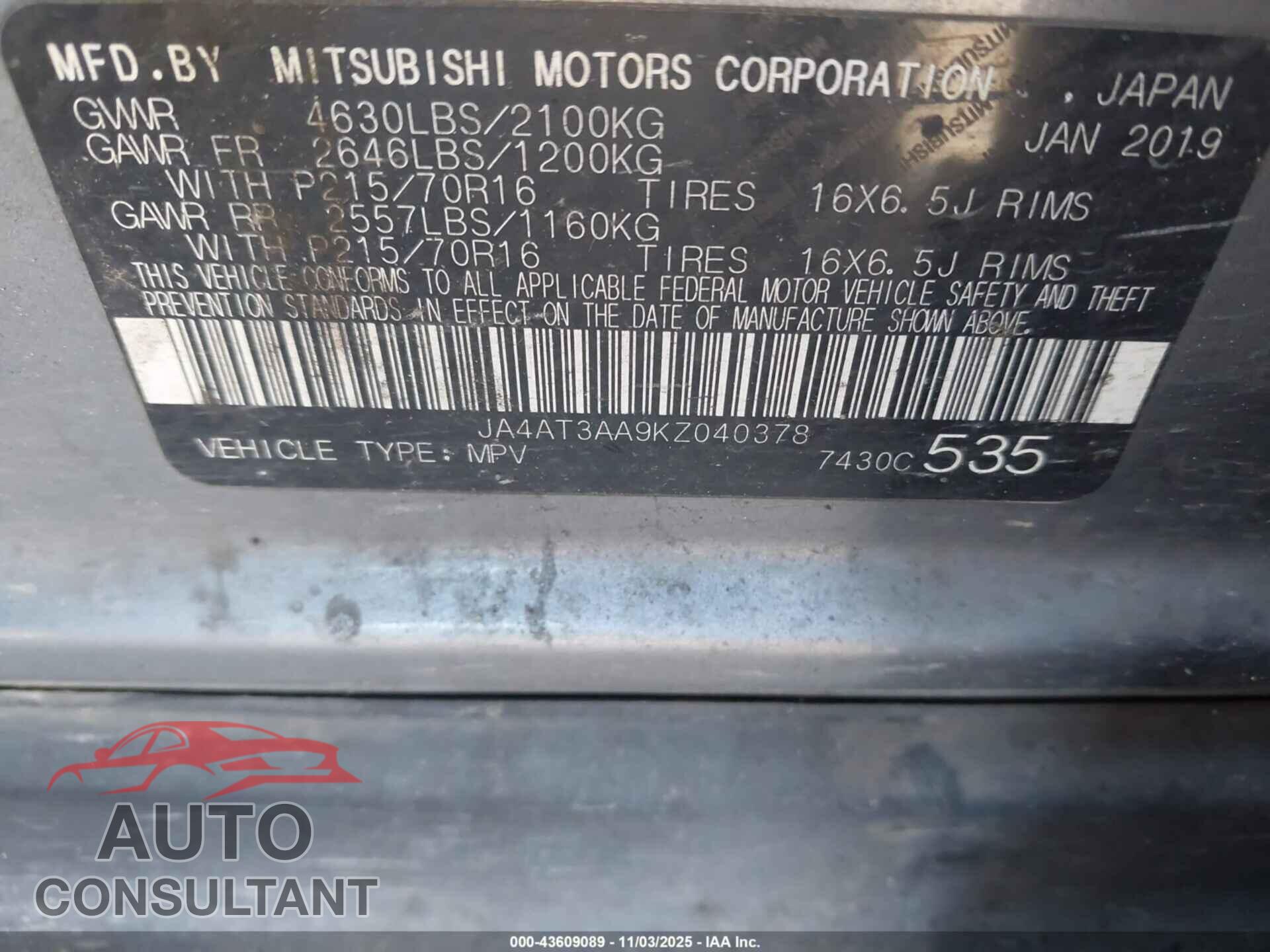 MITSUBISHI ECLIPSE CROSS 2019 - JA4AT3AA9KZ040378