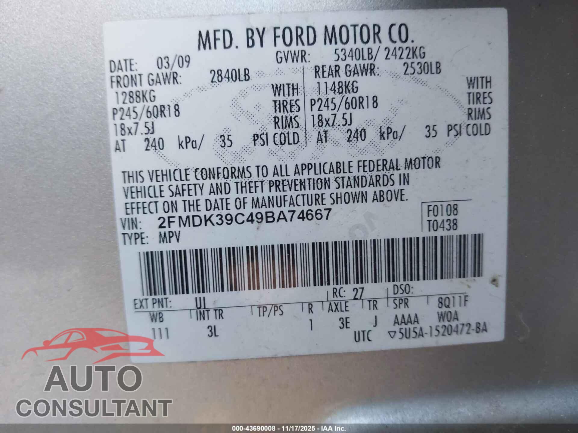 FORD EDGE 2009 - 2FMDK39C49BA74667