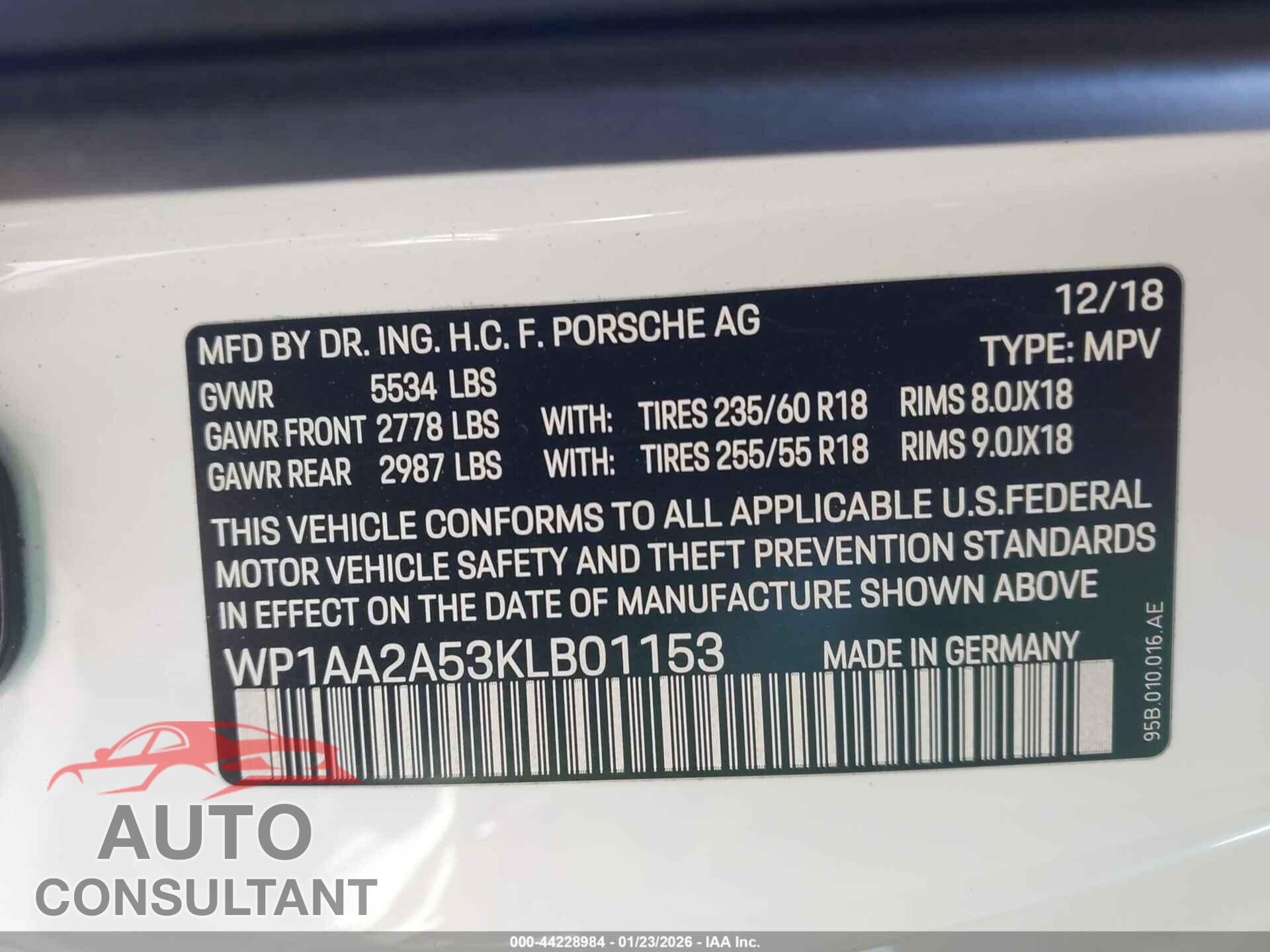 PORSCHE MACAN 2019 - WP1AA2A53KLB01153