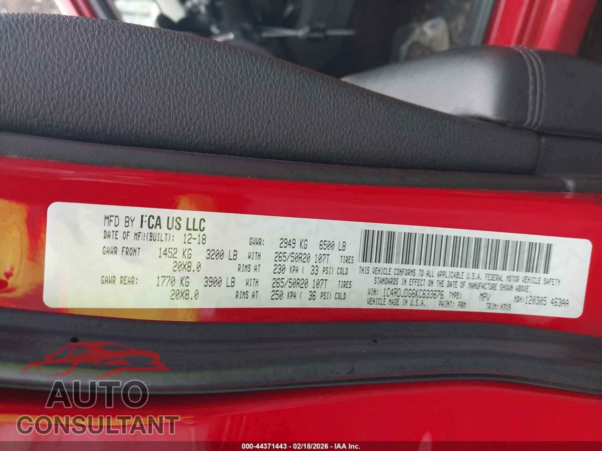 DODGE DURANGO 2019 - 1C4RDJDG6KC633676