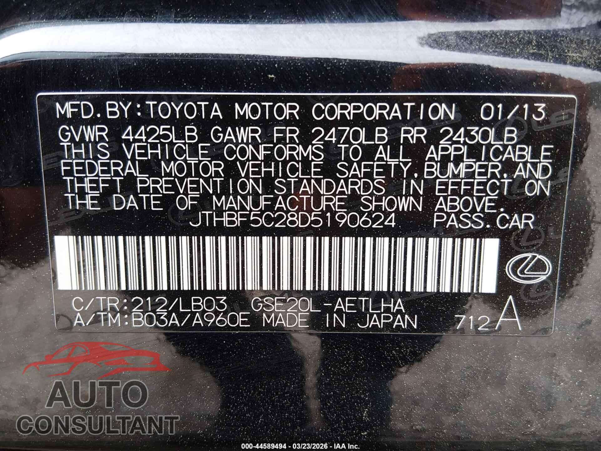 LEXUS IS 250 2013 - JTHBF5C28D5190624