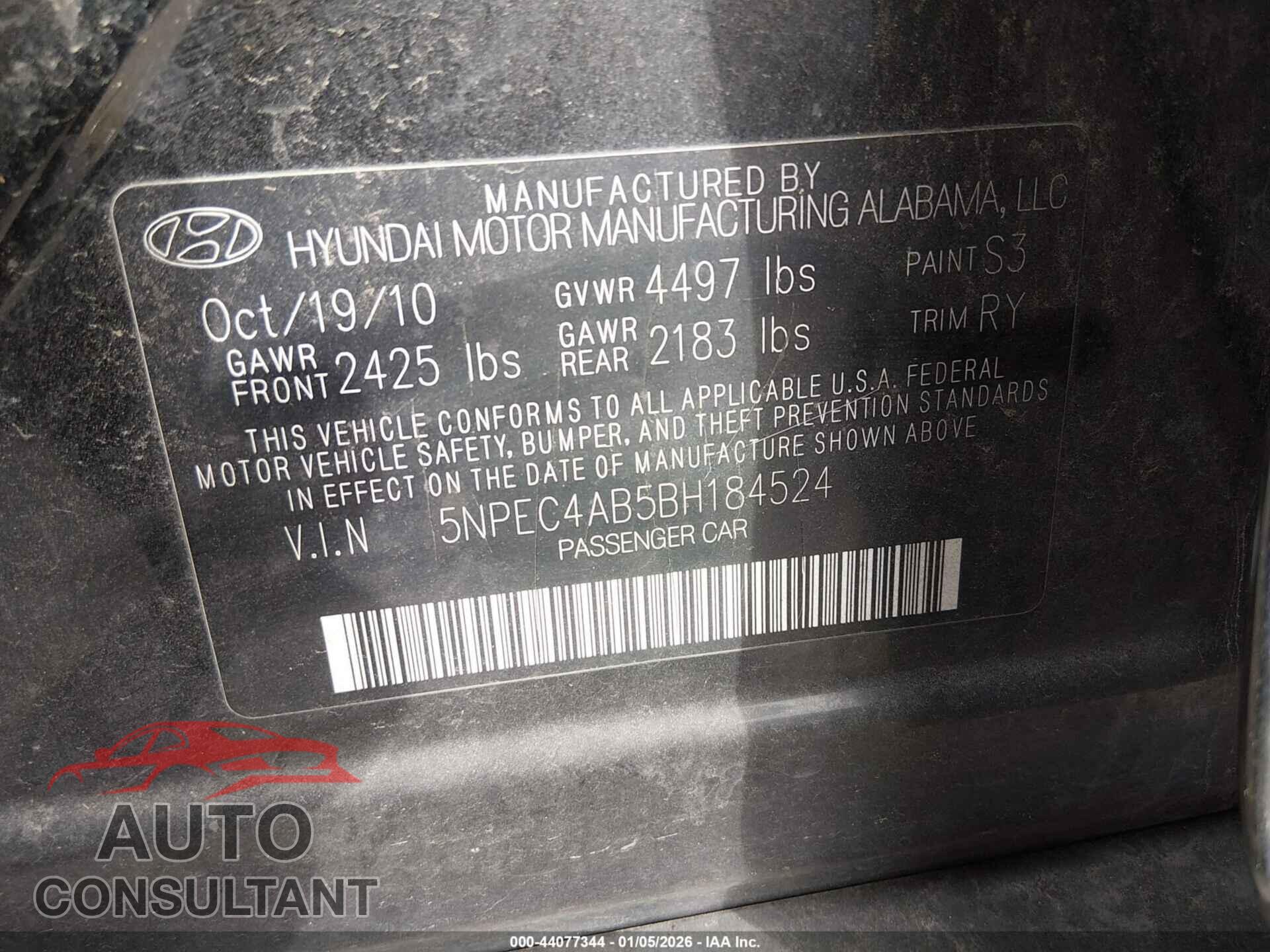 HYUNDAI SONATA 2011 - 5NPEC4AB5BH184524