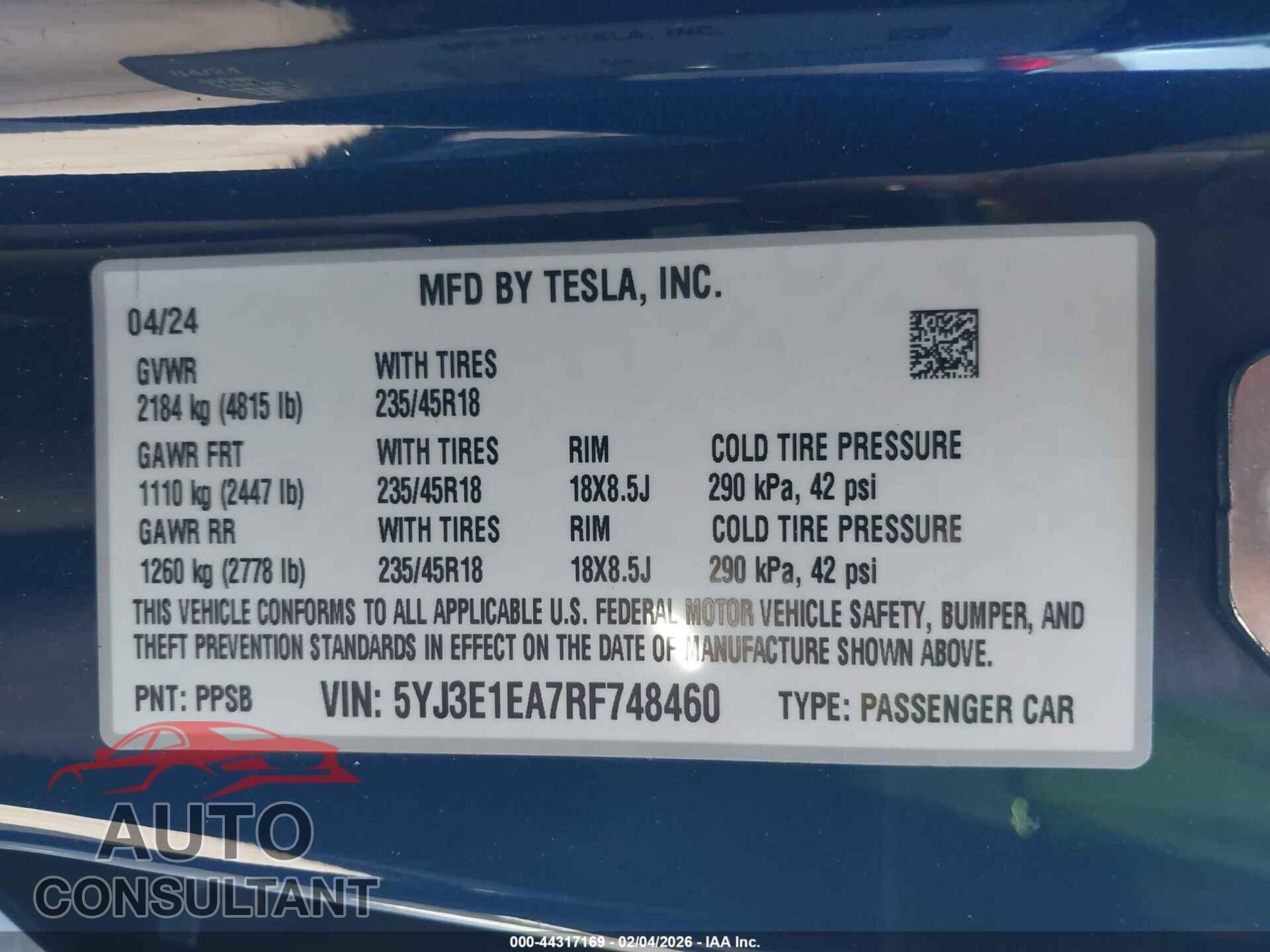 TESLA MODEL 3 2024 - 5YJ3E1EA7RF748460