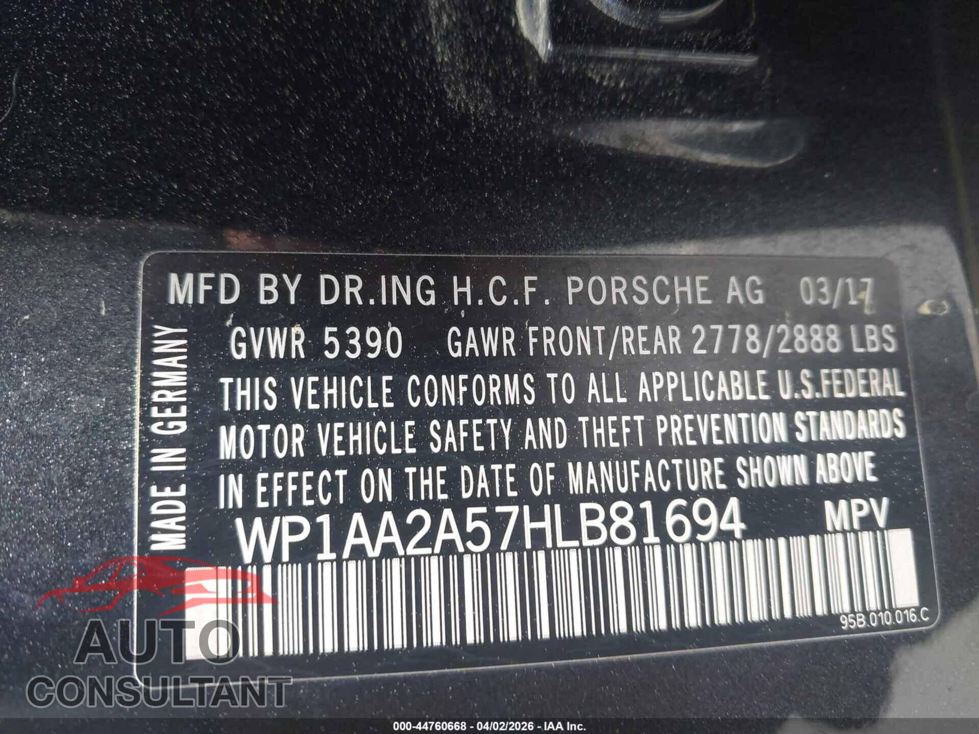 PORSCHE MACAN 2017 - WP1AA2A57HLB81694