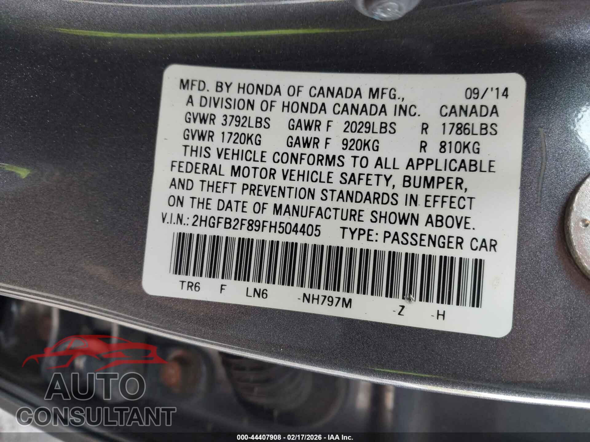 HONDA CIVIC 2015 - 2HGFB2F89FH504405