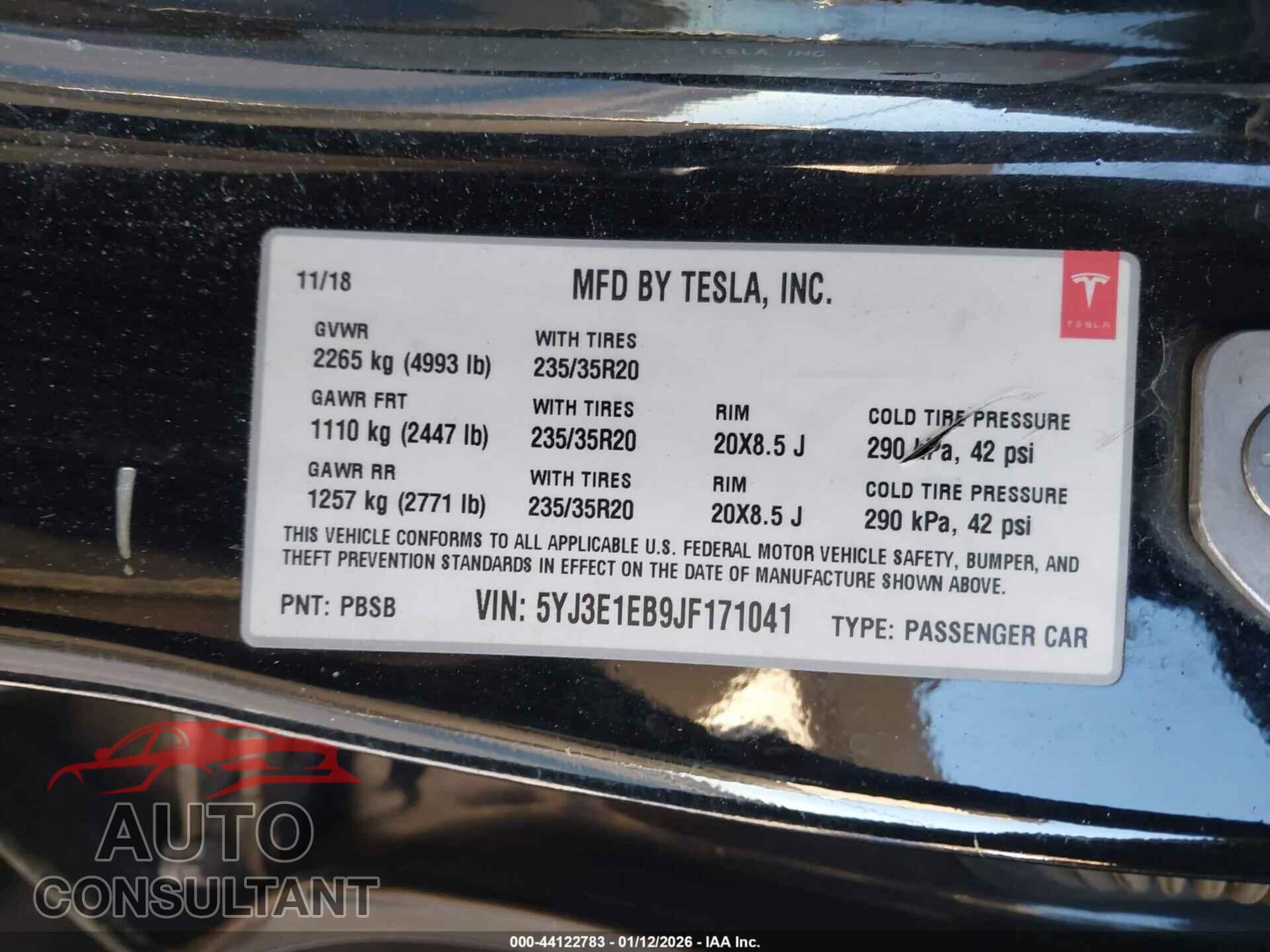 TESLA MODEL 3 2018 - 5YJ3E1EB9JF171041