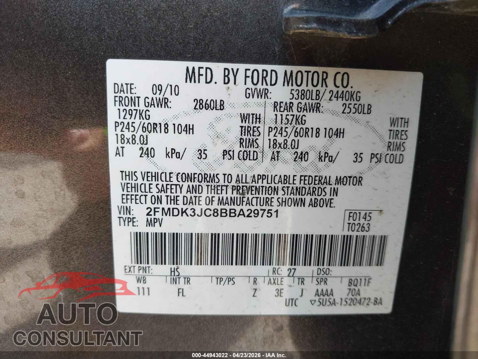 FORD EDGE 2011 - 2FMDK3JC8BBA29751