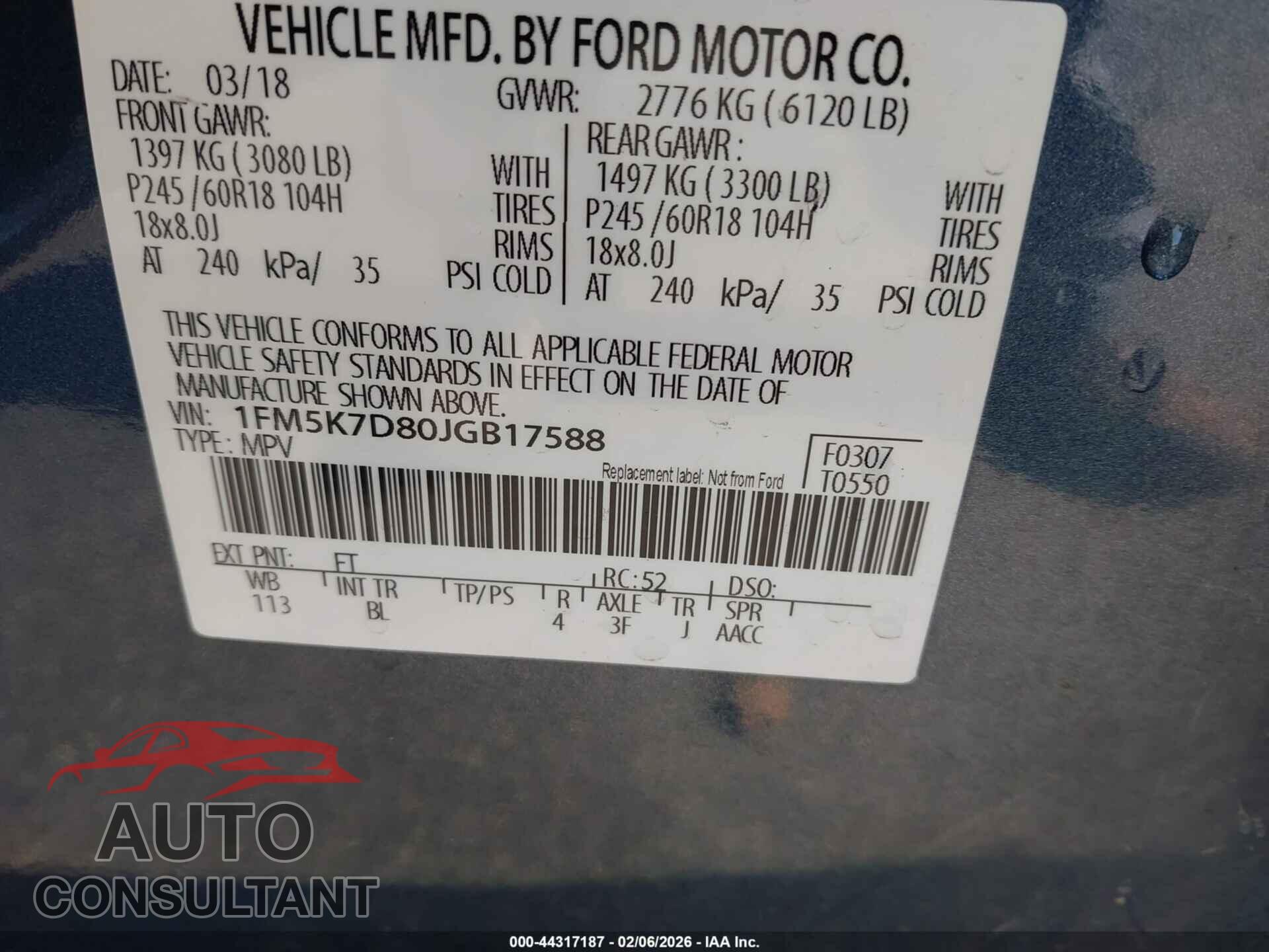 FORD EXPLORER 2018 - 1FM5K7D80JGB17588