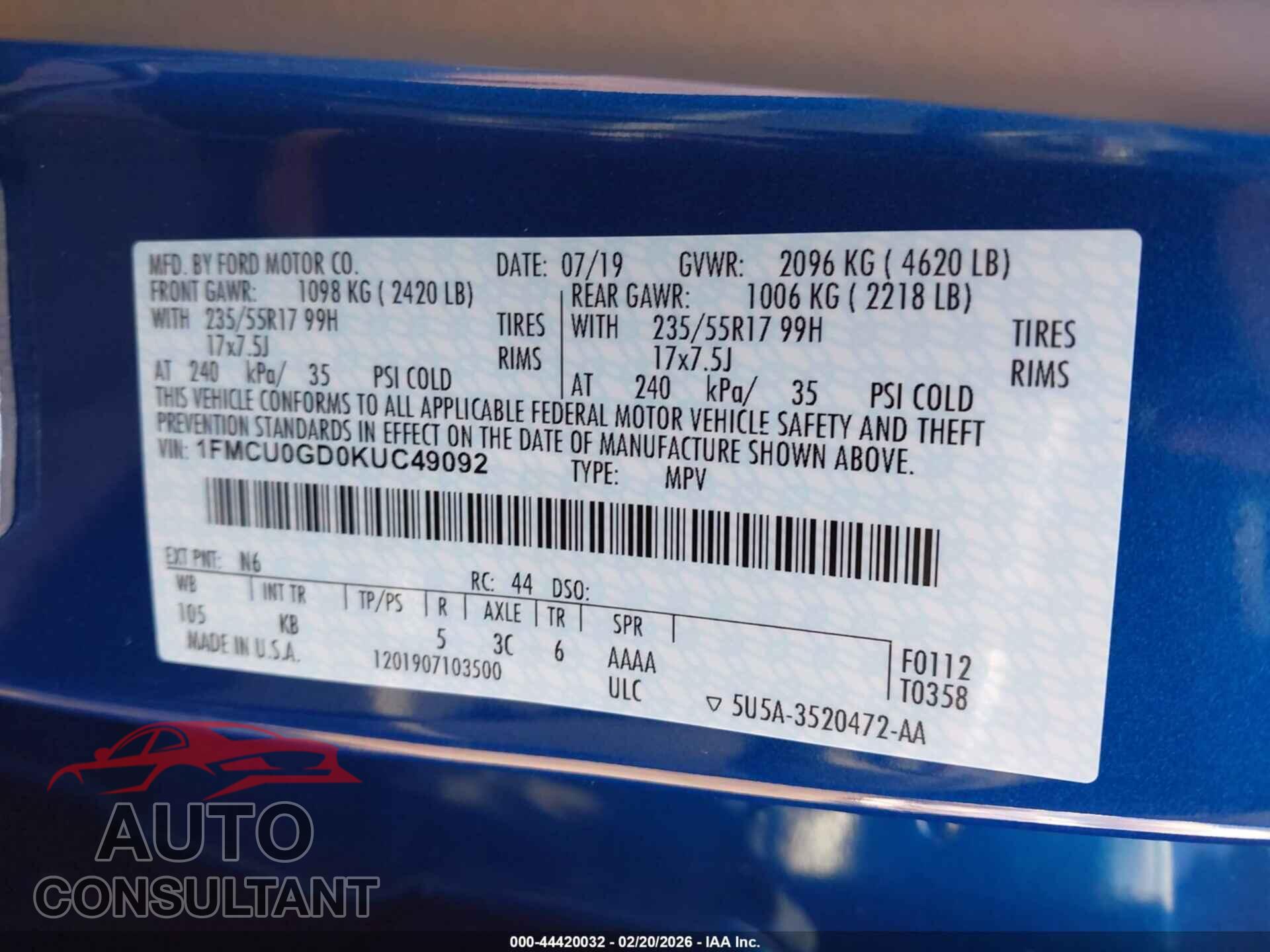 FORD ESCAPE 2019 - 1FMCU0GD0KUC49092