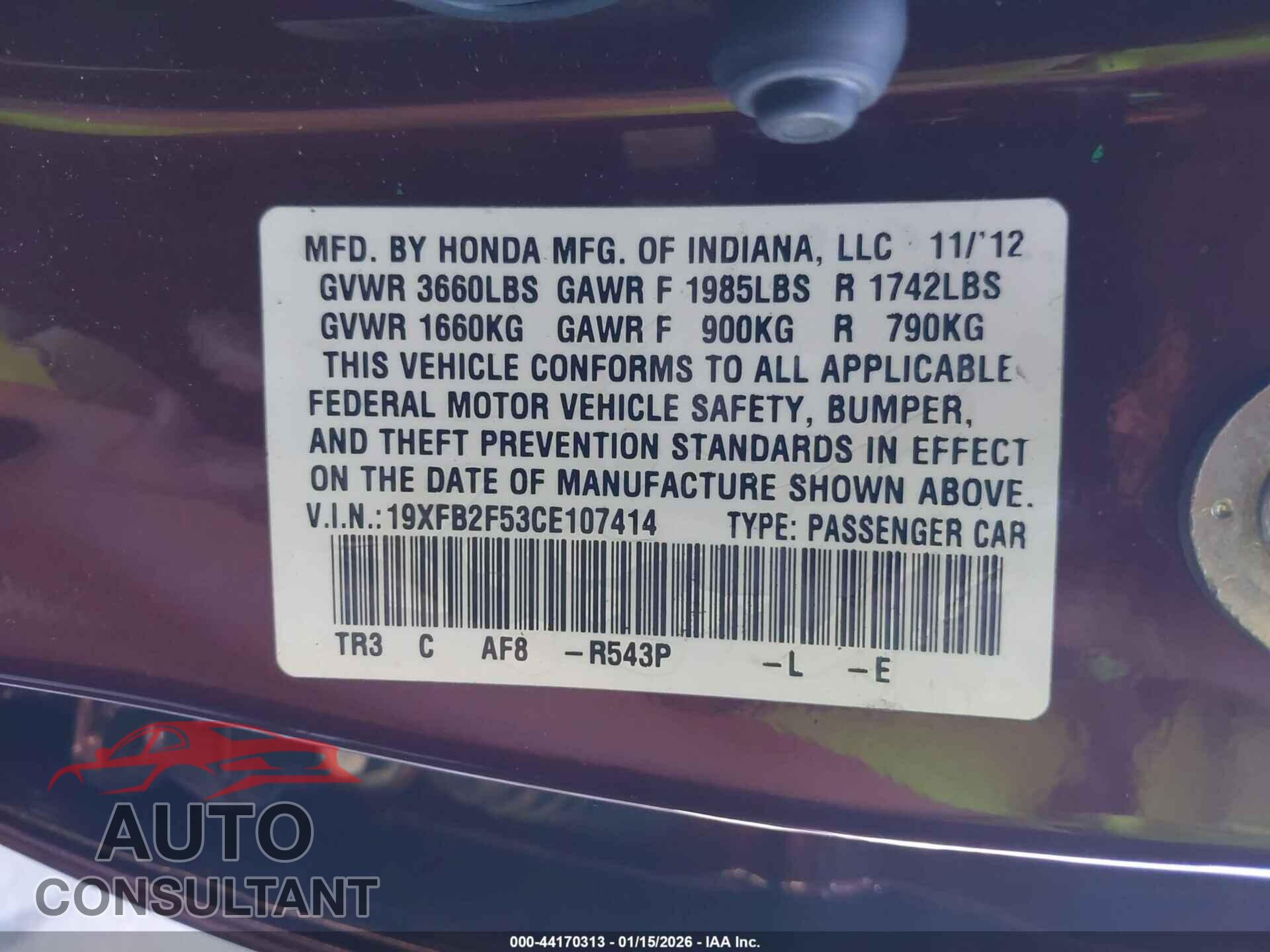 HONDA CIVIC 2012 - 19XFB2F53CE107414