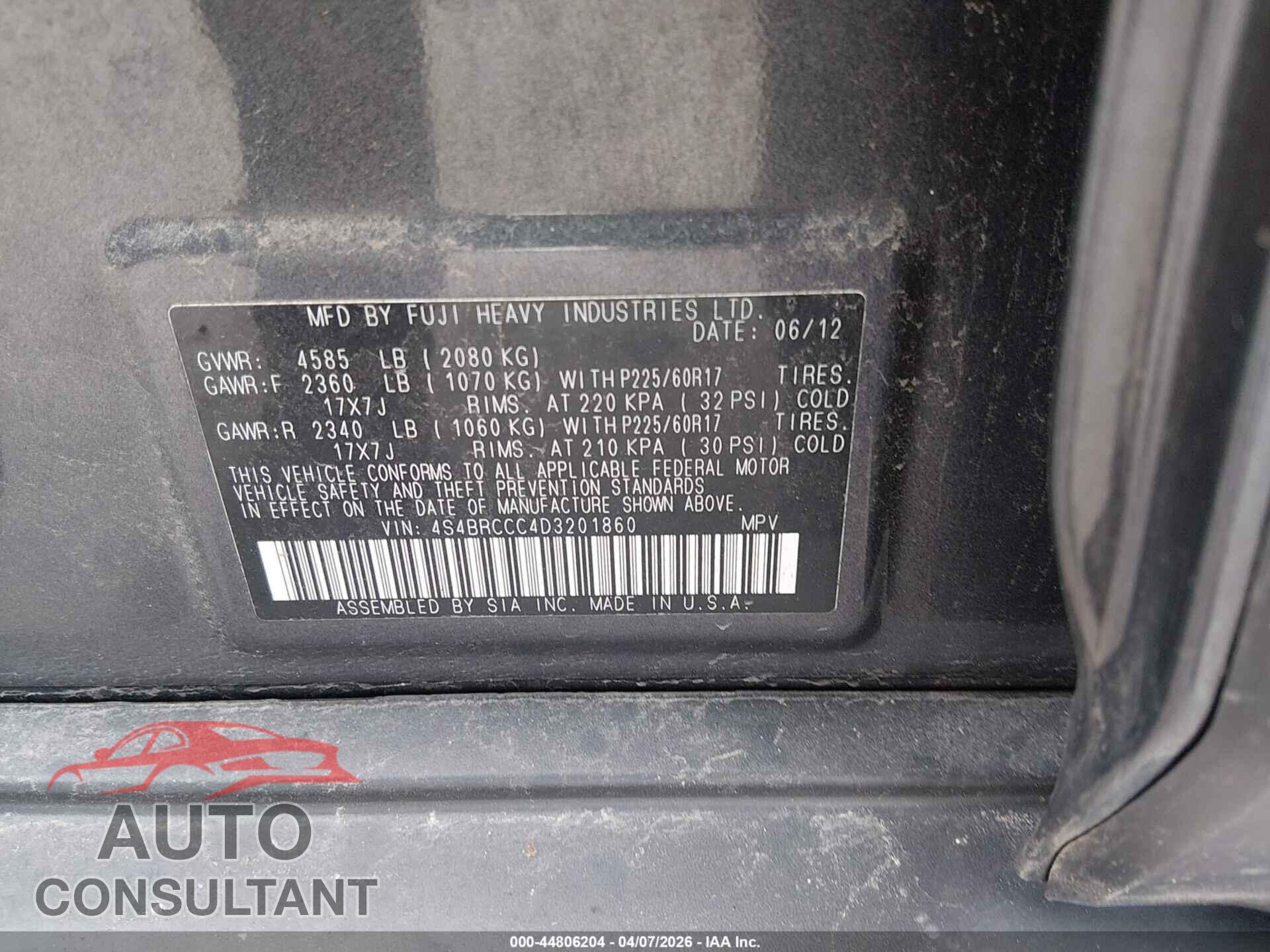 SUBARU OUTBACK 2013 - 4S4BRCCC4D3201860