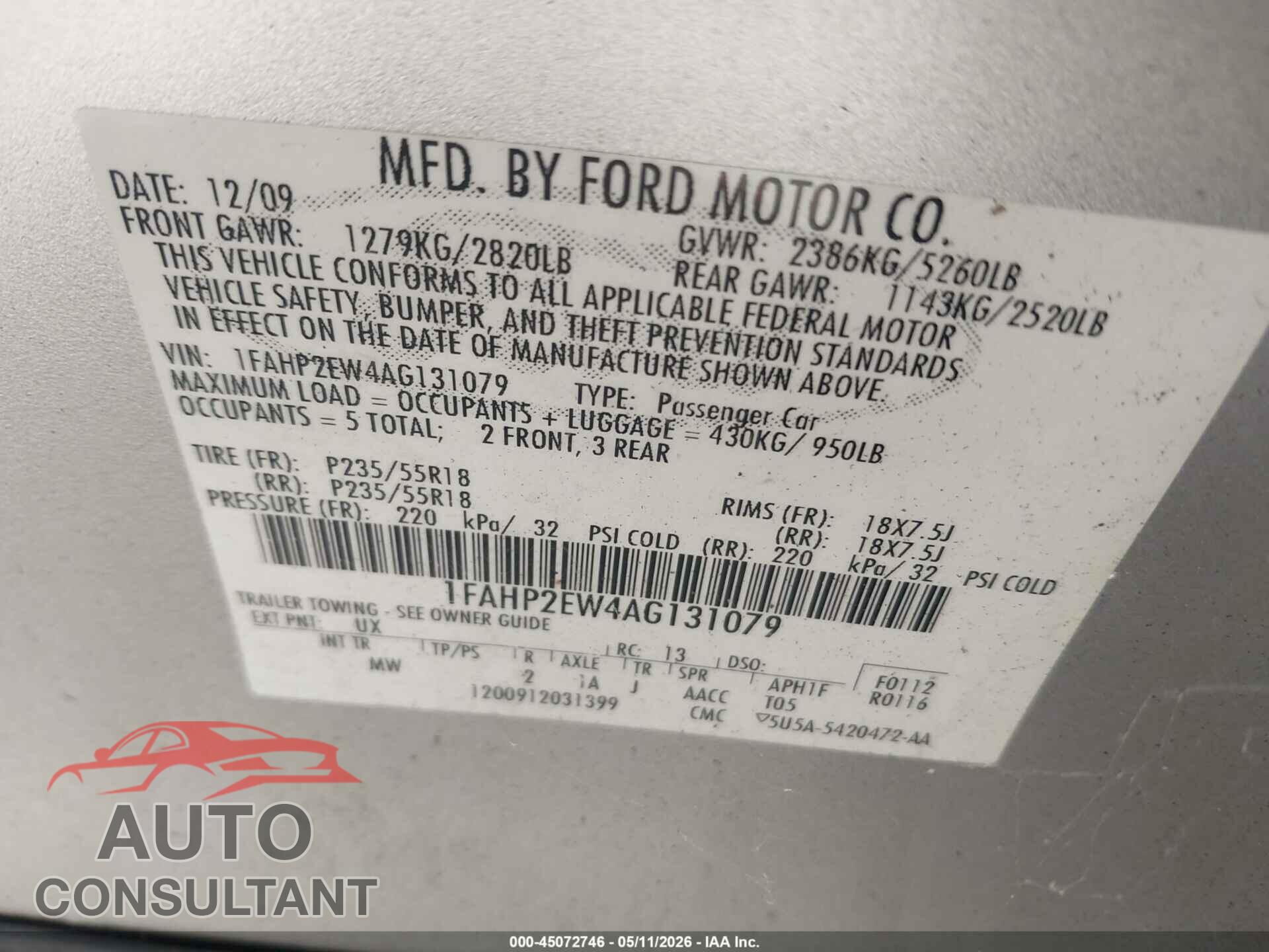 FORD TAURUS 2010 - 1FAHP2EW4AG131079