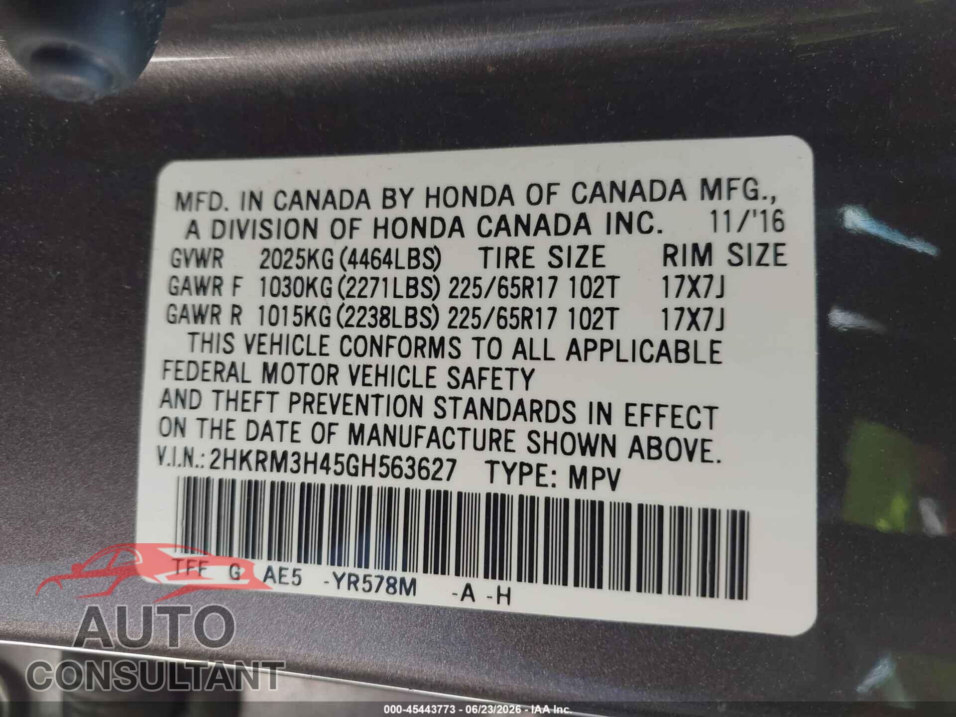 HONDA CR-V 2016 - 2HKRM3H45GH563627