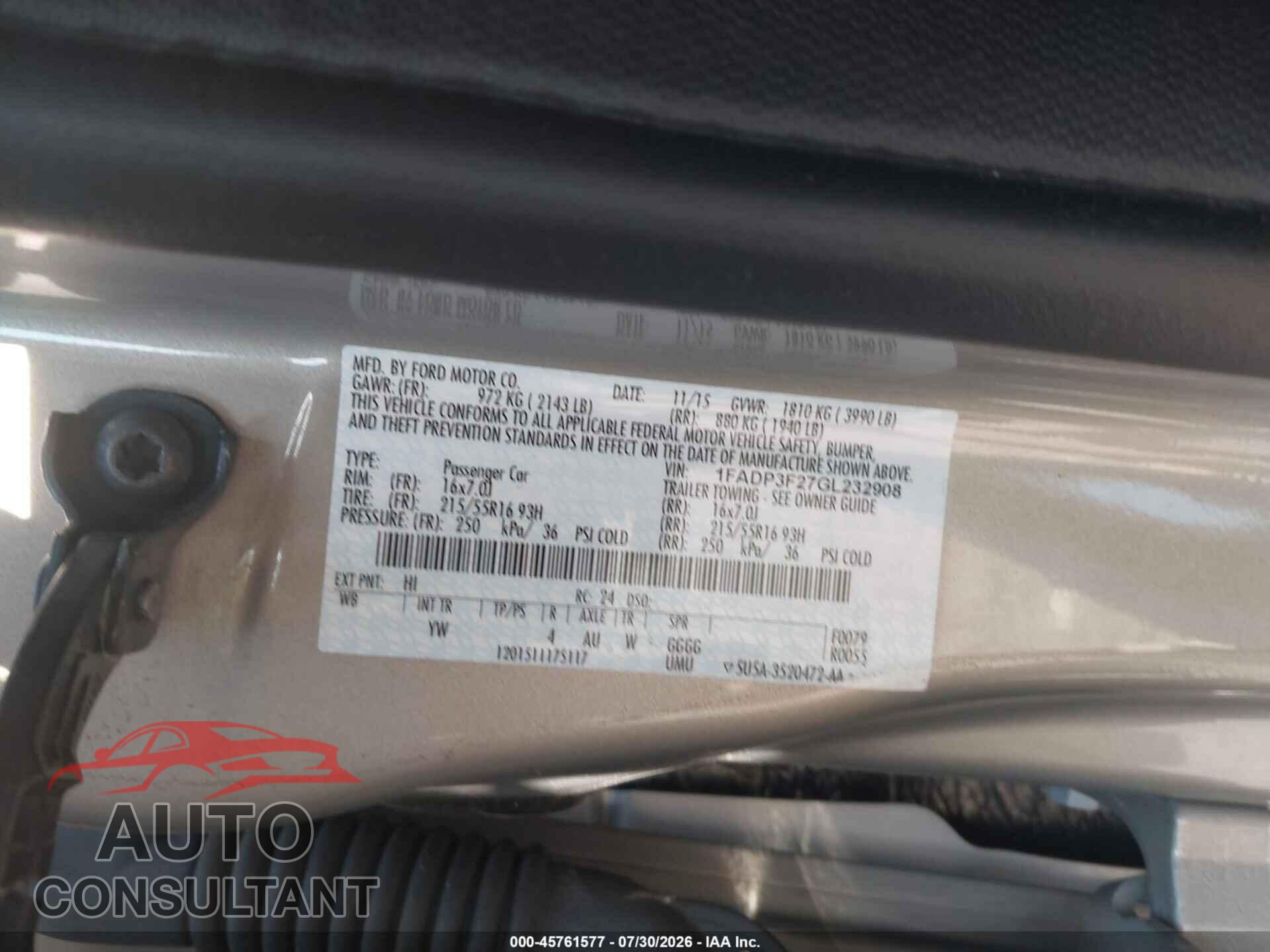 FORD FOCUS 2016 - 1FADP3F27GL232908