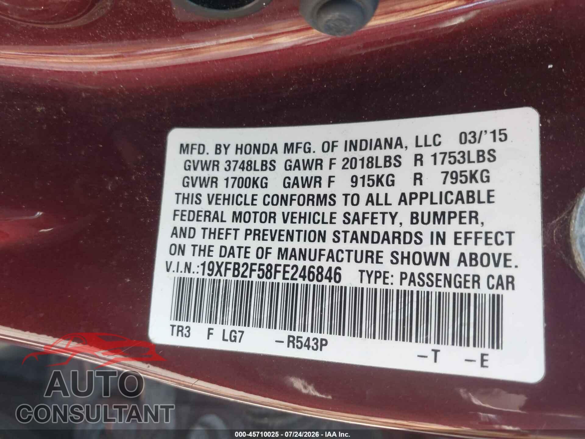 HONDA CIVIC 2015 - 19XFB2F58FE246846