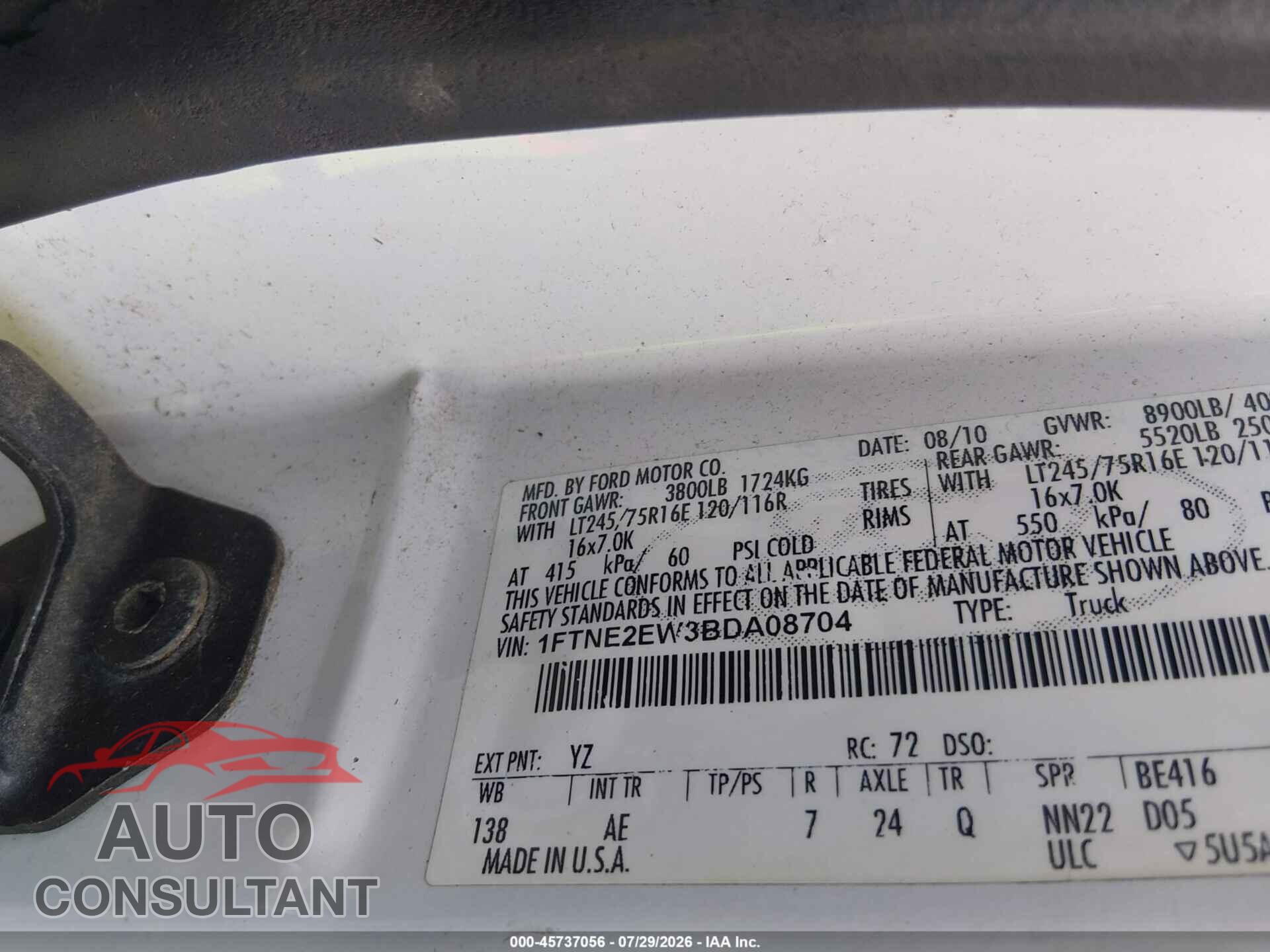 FORD E-250 2011 - 1FTNE2EW3BDA08704