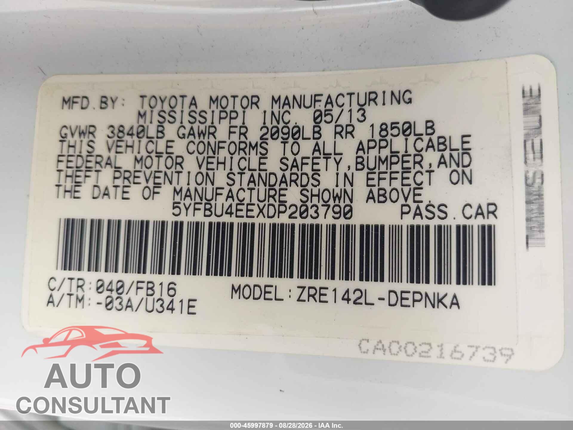 TOYOTA COROLLA 2013 - 5YFBU4EEXDP203790