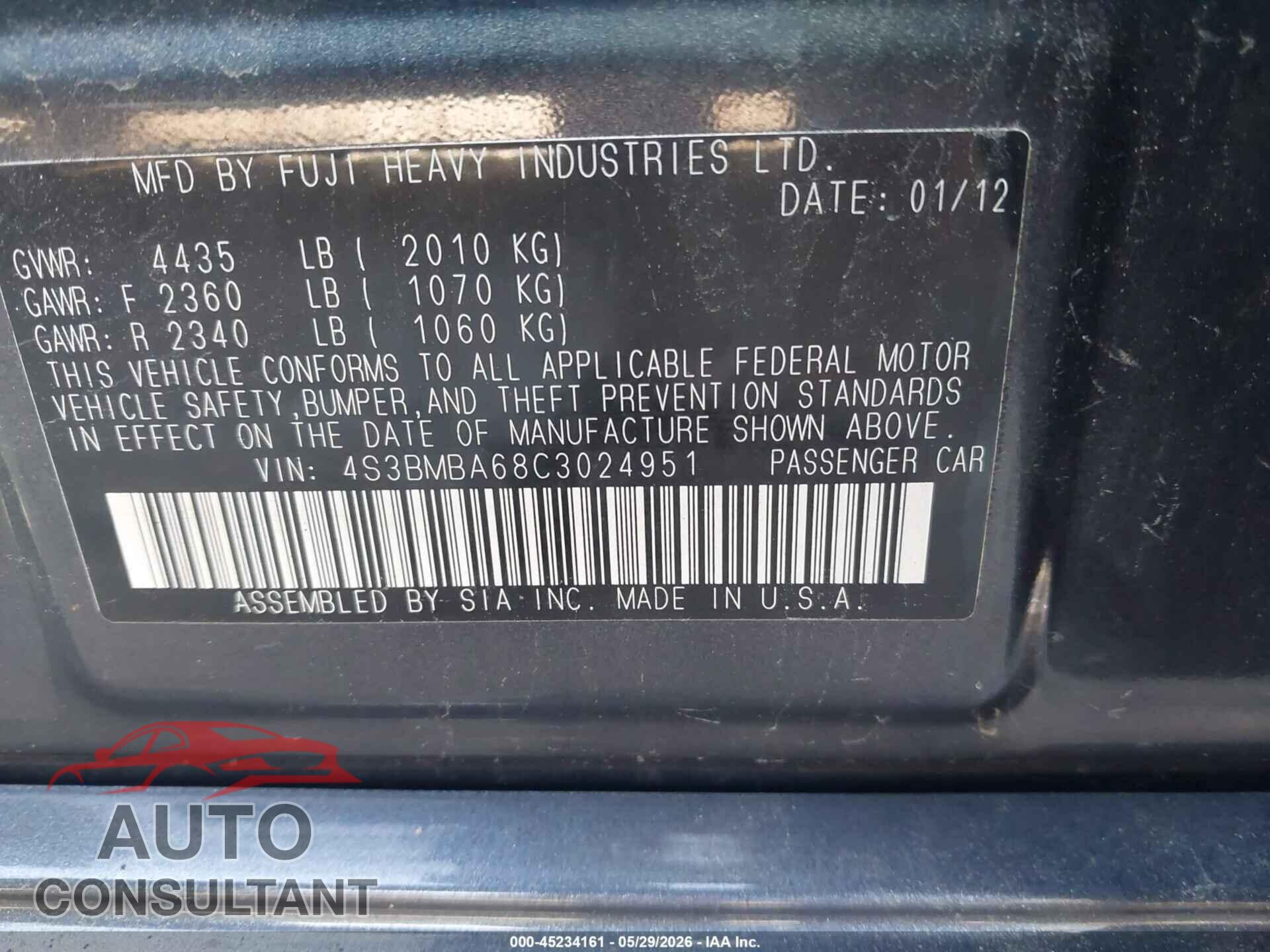 SUBARU LEGACY 2012 - 4S3BMBA68C3024951