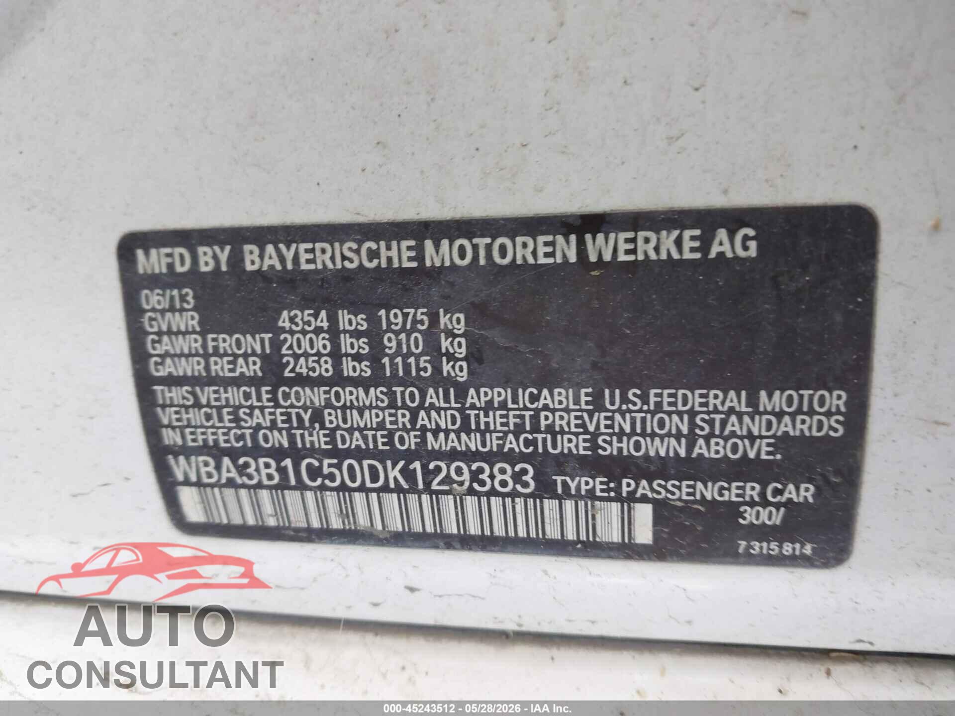 BMW 320I 2013 - WBA3B1C50DK129383