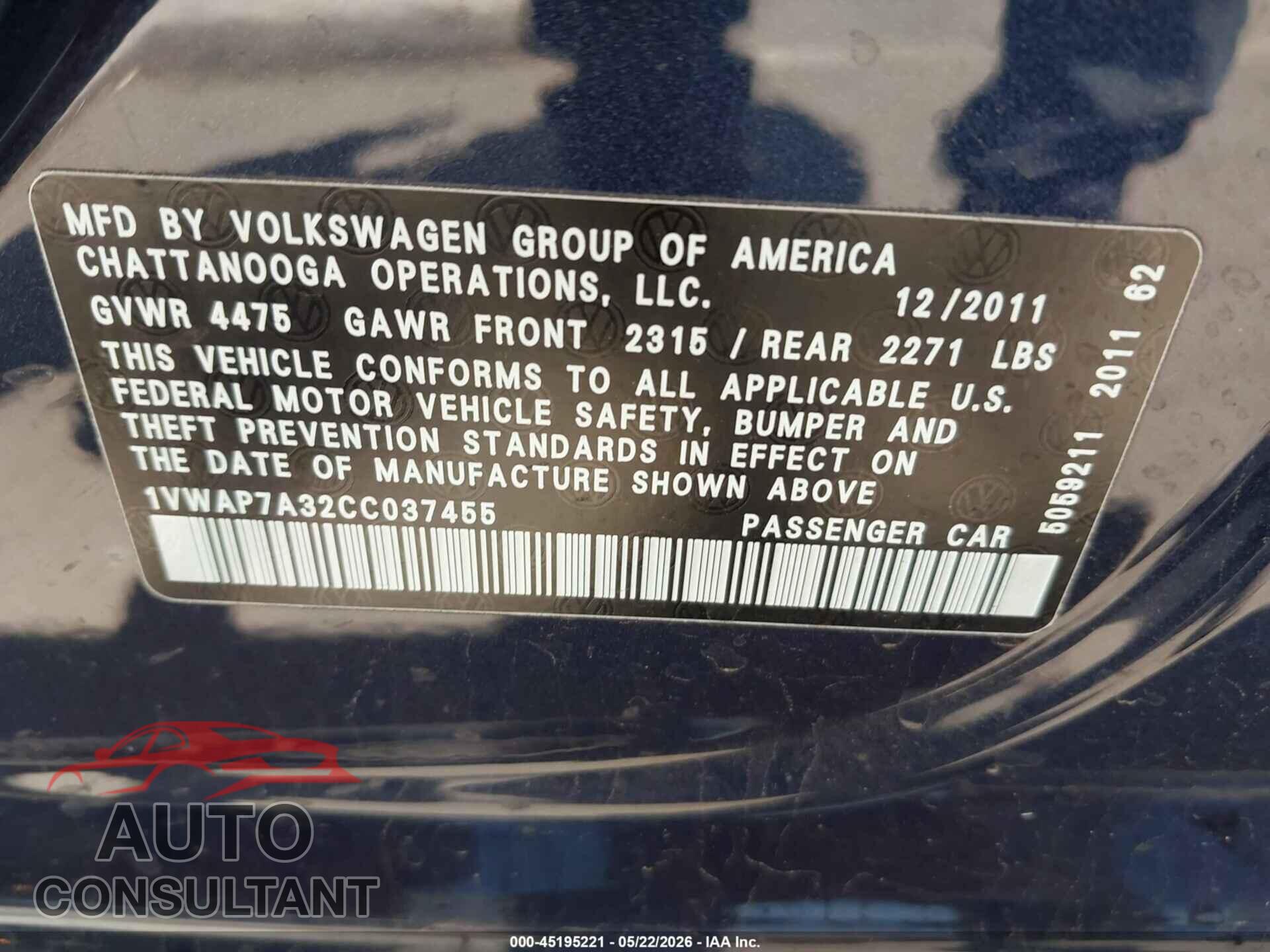 VOLKSWAGEN PASSAT 2012 - 1VWAP7A32CC037455