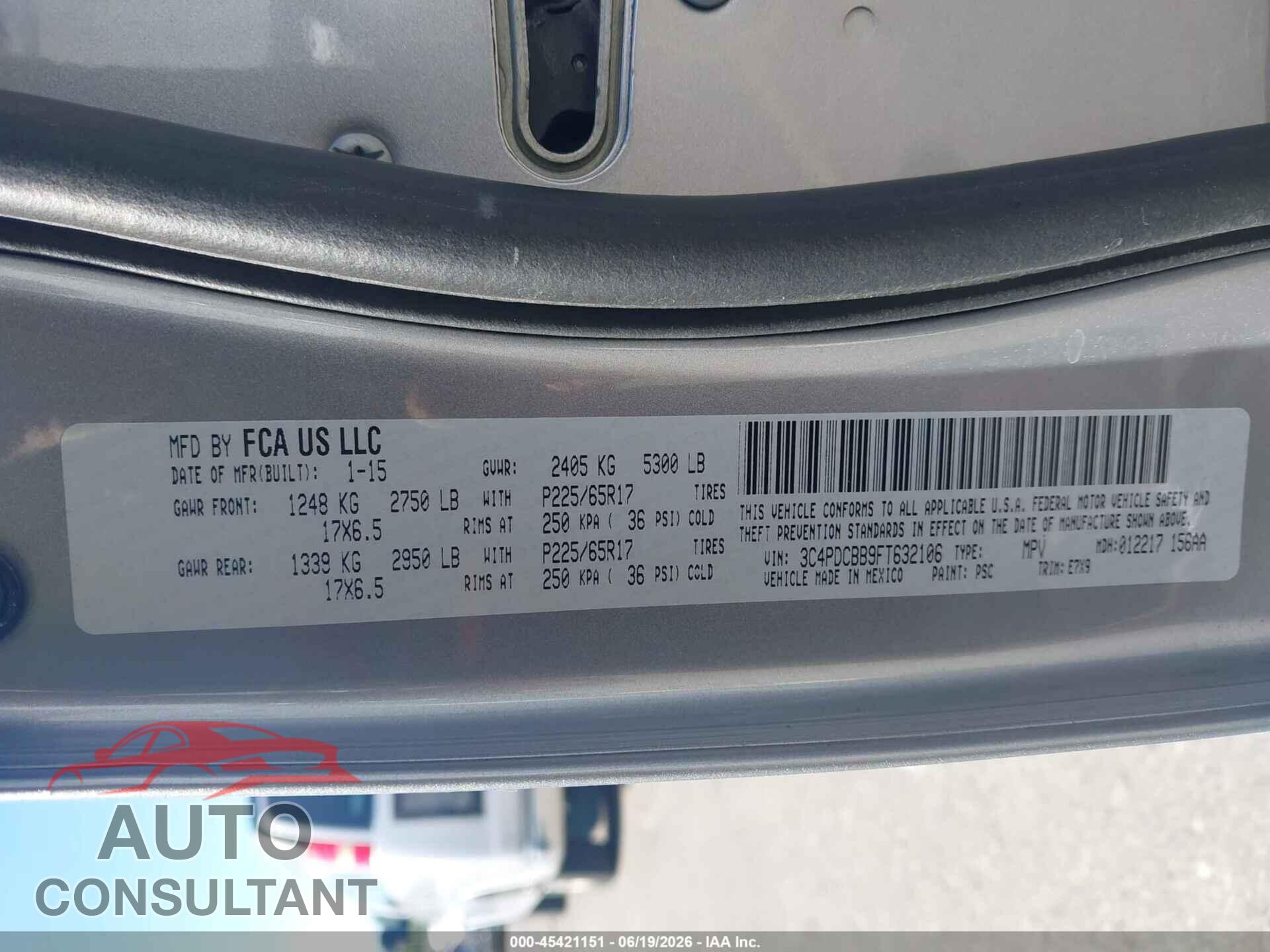 DODGE JOURNEY 2015 - 3C4PDCBB9FT632106