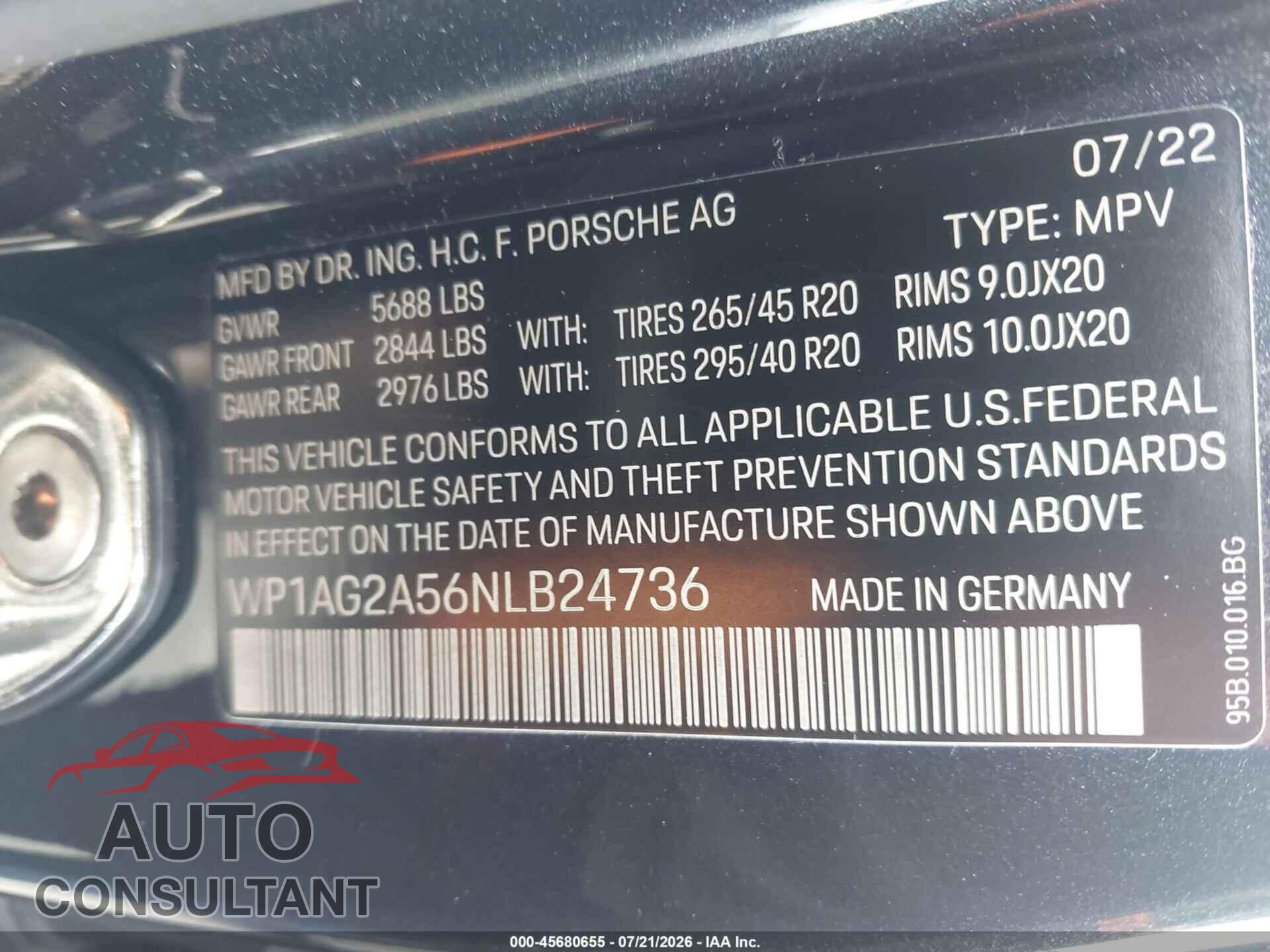 PORSCHE MACAN 2022 - WP1AG2A56NLB24736