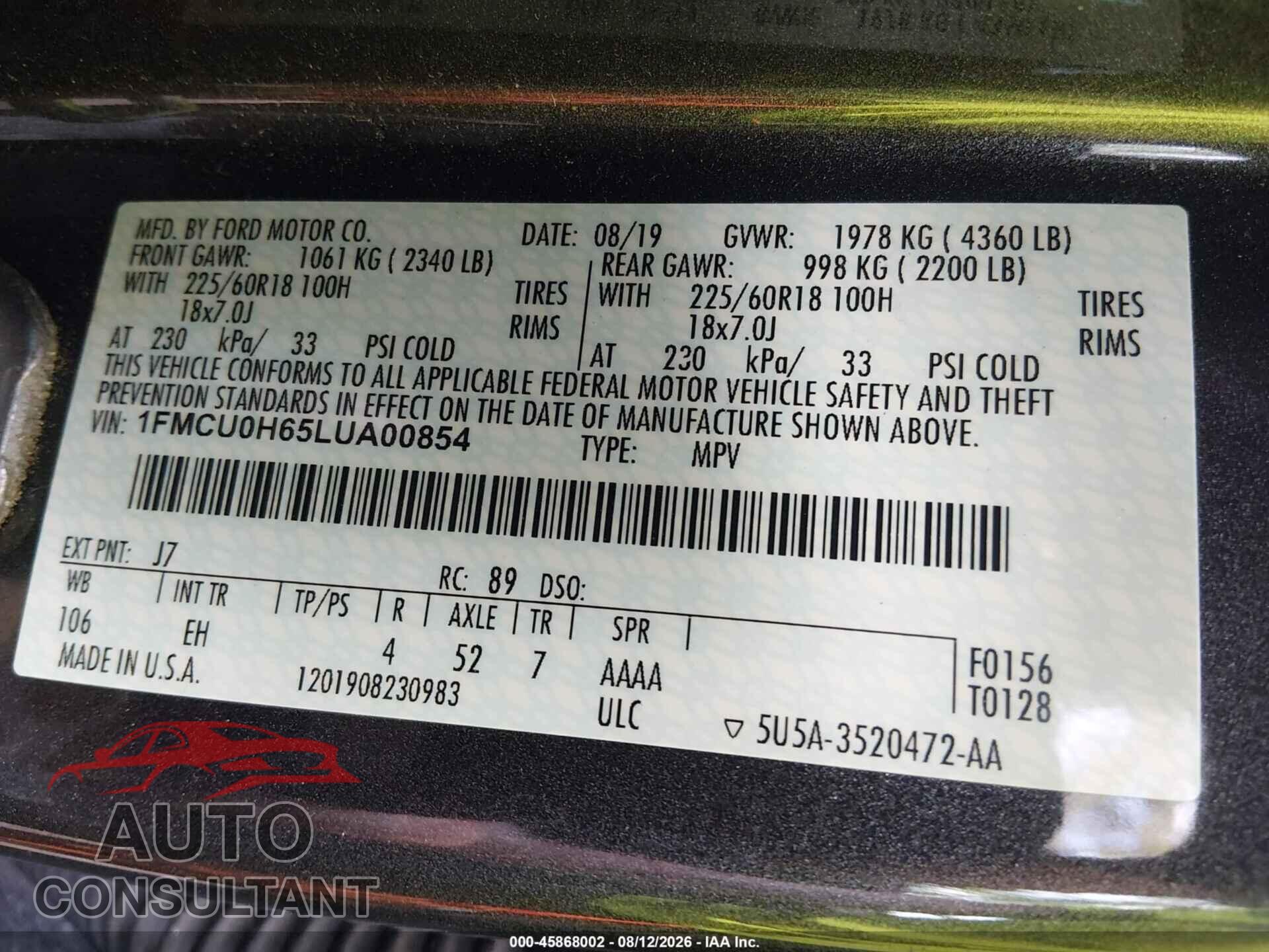 FORD ESCAPE 2020 - 1FMCU0H65LUA00854
