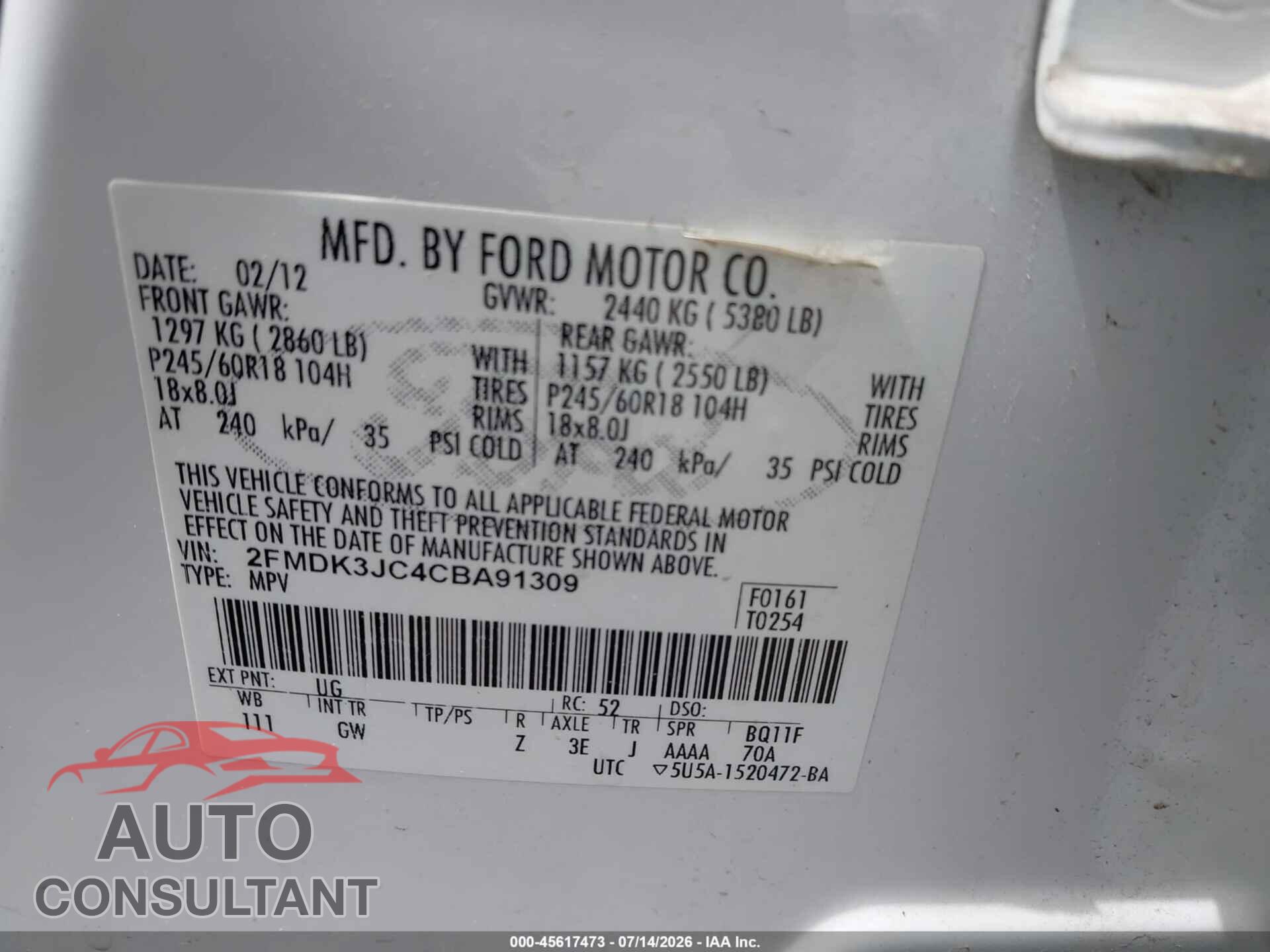 FORD EDGE 2012 - 2FMDK3JC4CBA91309