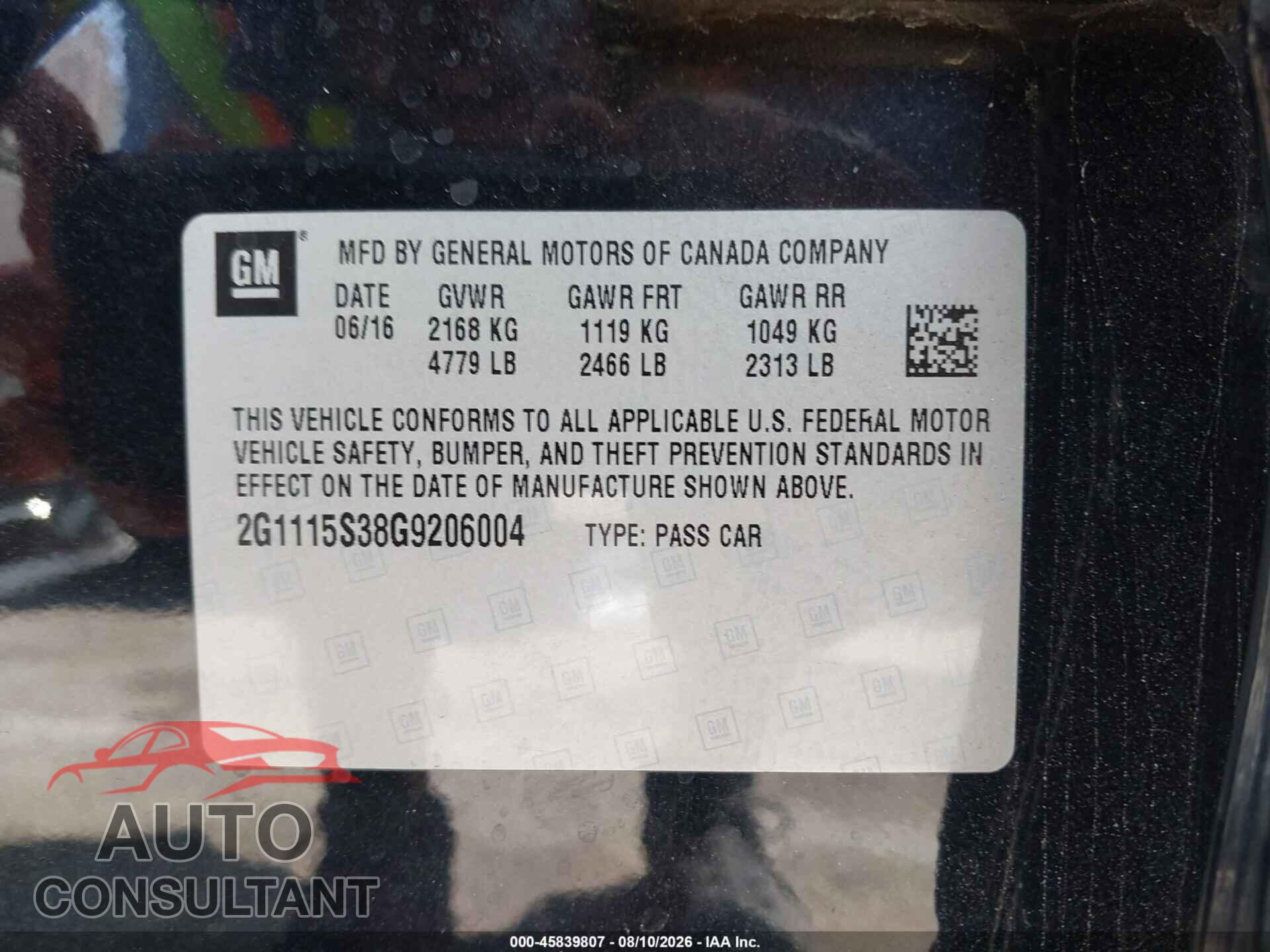 CHEVROLET IMPALA 2016 - 2G1115S38G9206004