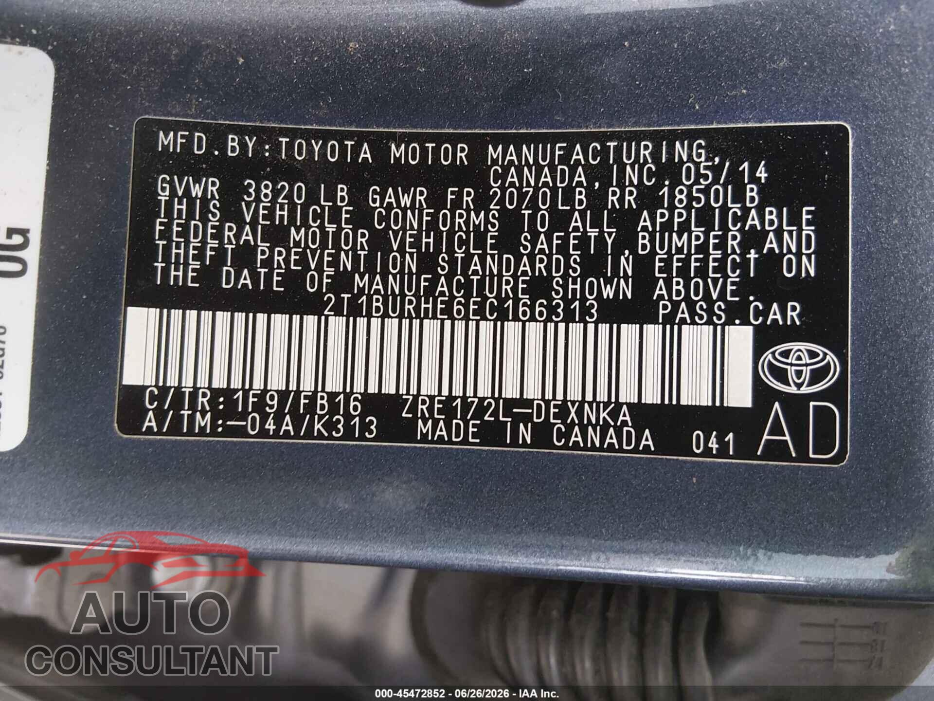 TOYOTA COROLLA 2014 - 2T1BURHE6EC166313