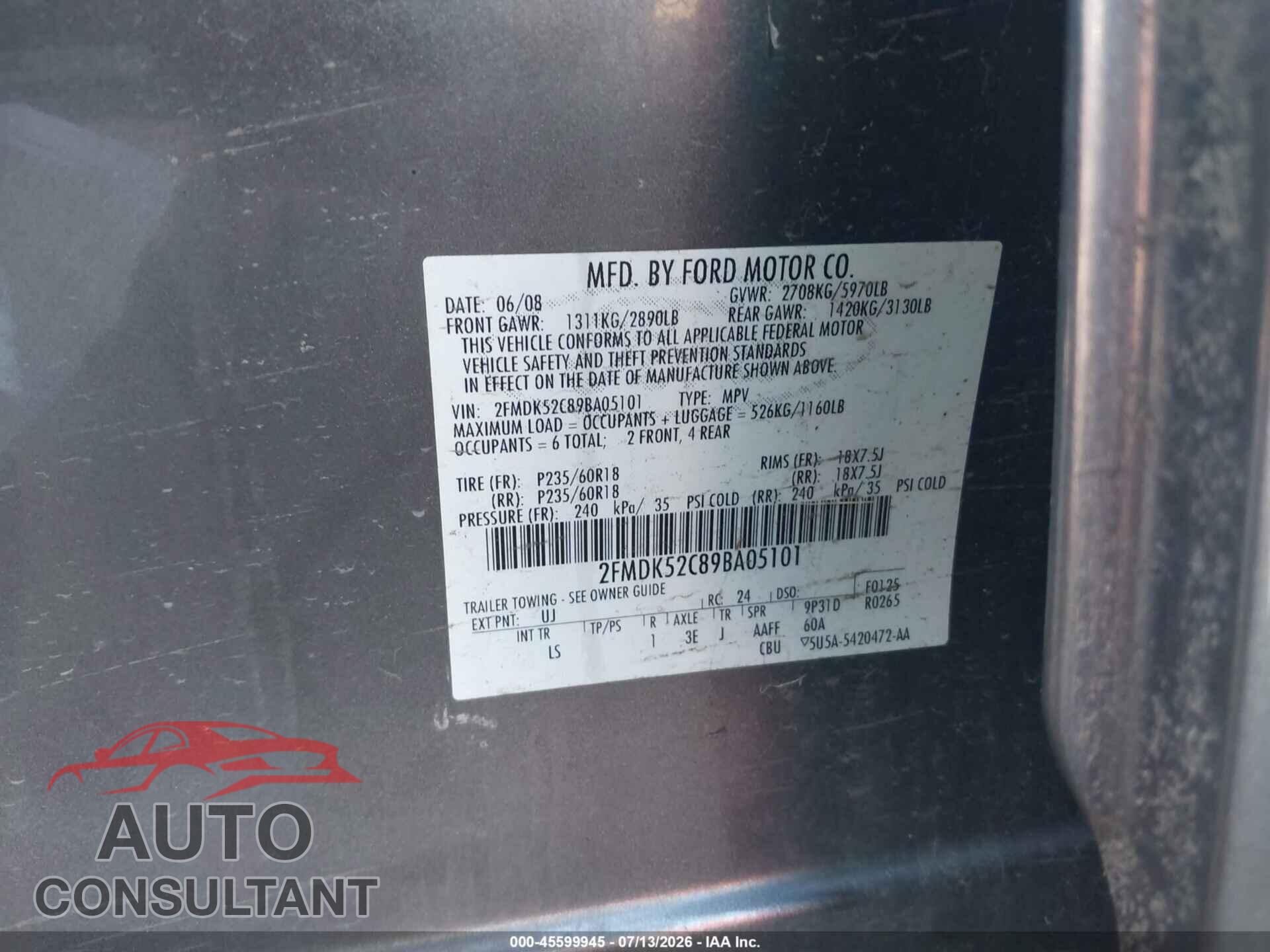FORD FLEX 2009 - 2FMDK52C89BA05101