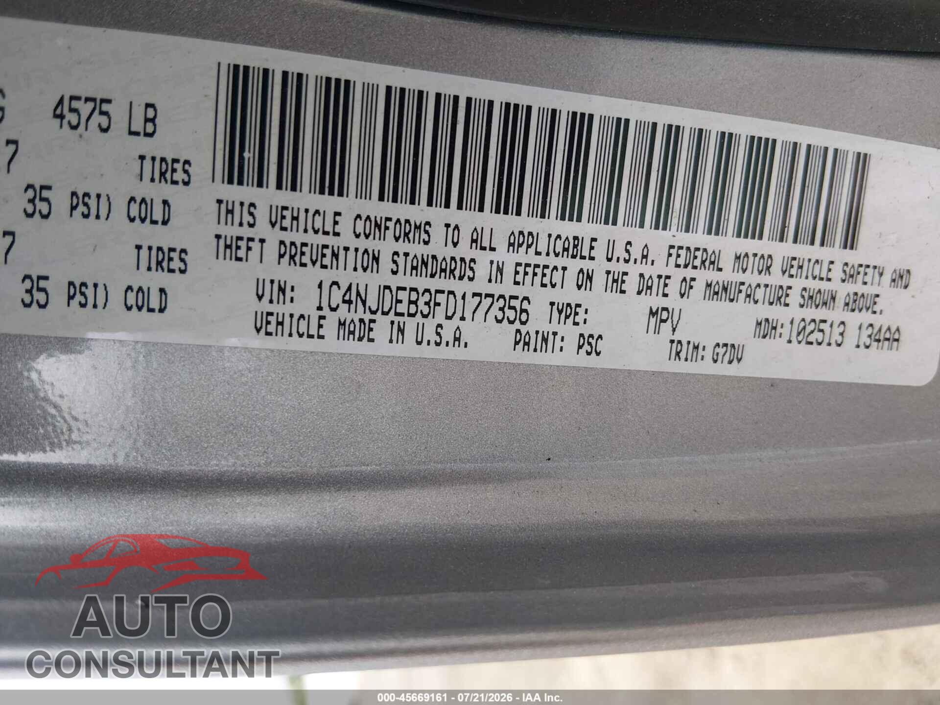 JEEP COMPASS 2015 - 1C4NJDEB3FD177356