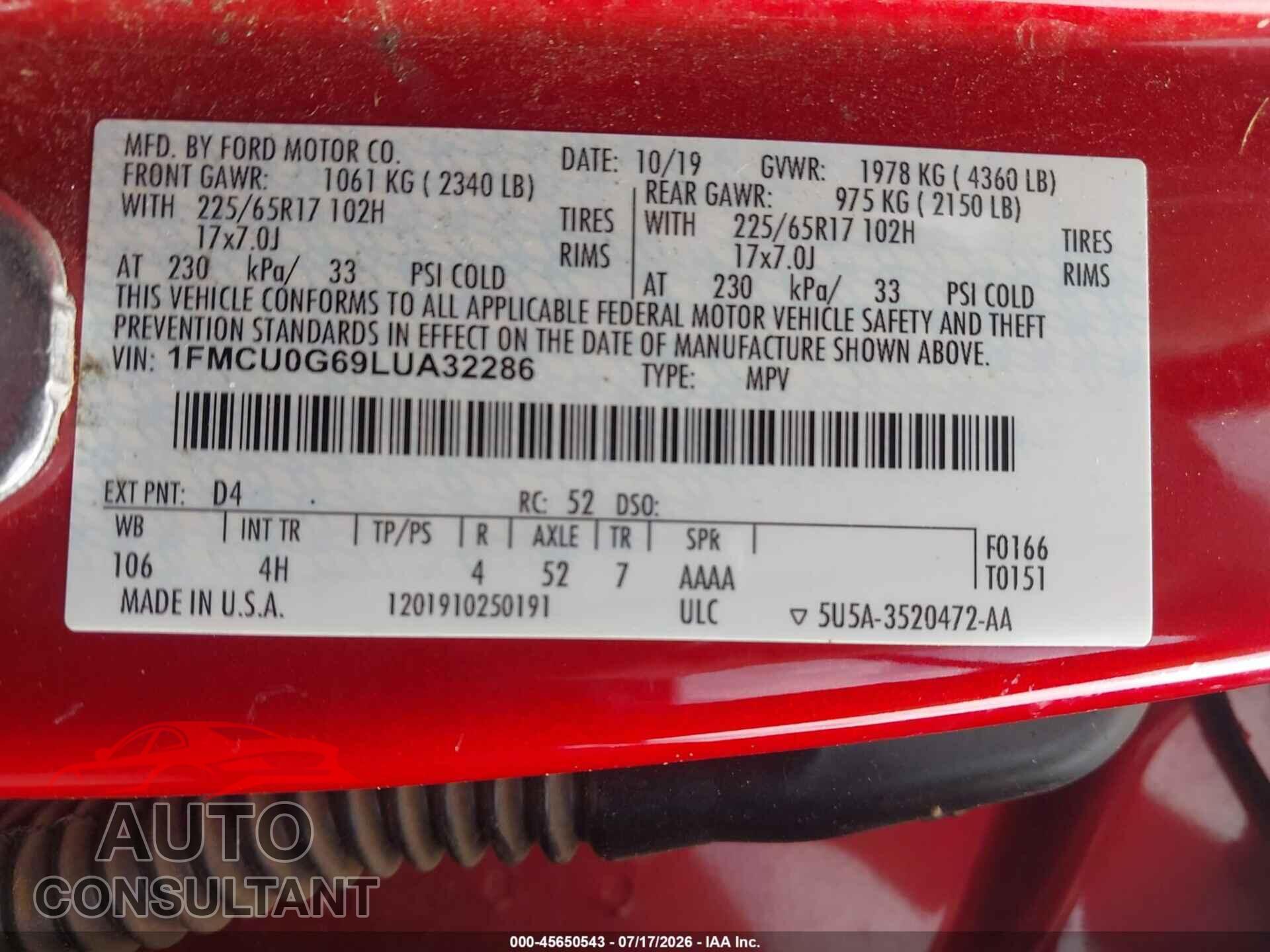 FORD ESCAPE 2020 - 1FMCU0G69LUA32286
