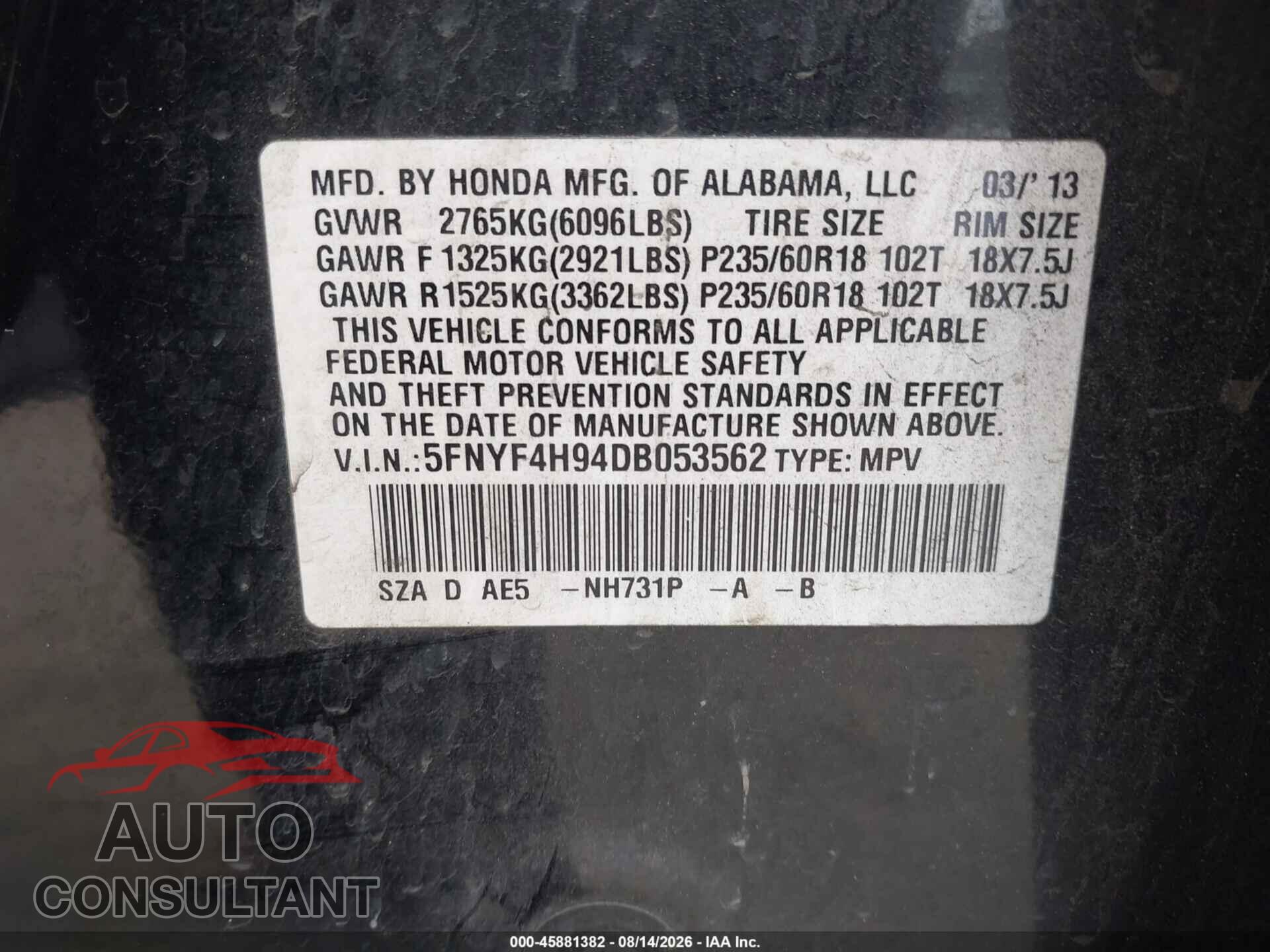 HONDA PILOT 2013 - 5FNYF4H94DB053562