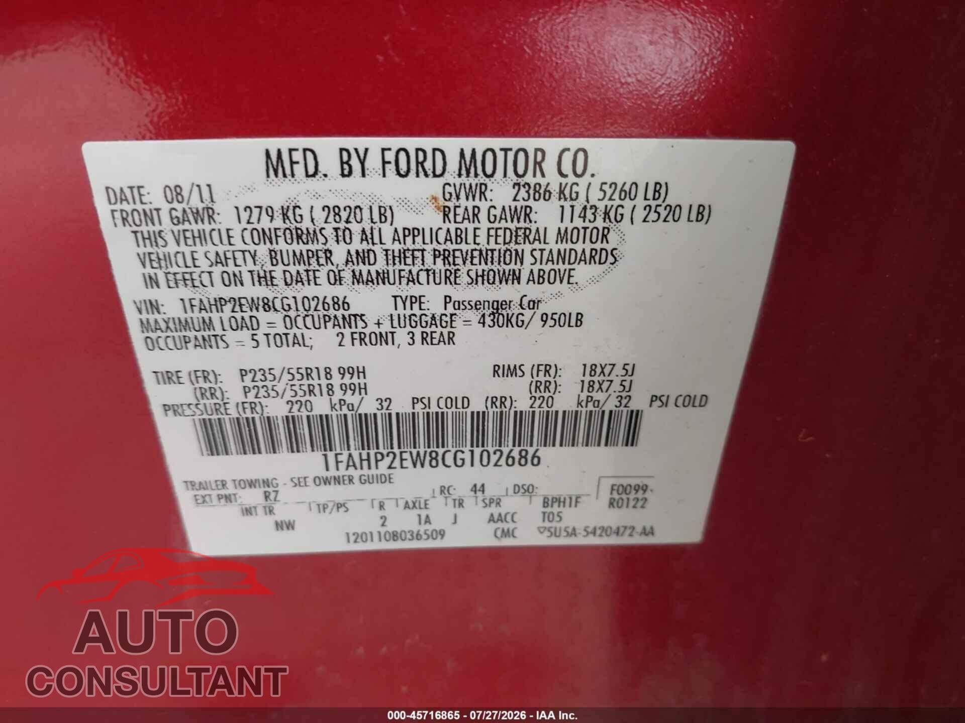 FORD TAURUS 2012 - 1FAHP2EW8CG102686