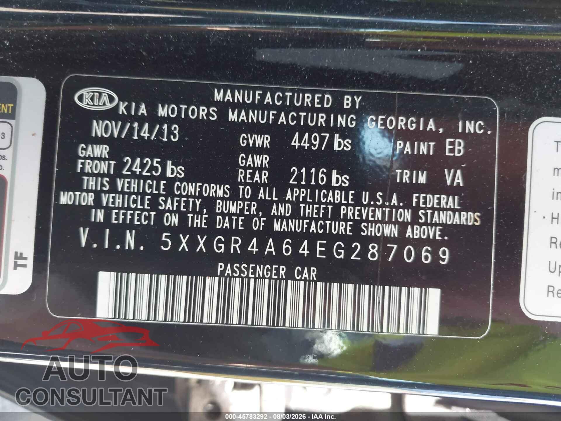 KIA OPTIMA 2014 - 5XXGR4A64EG287069