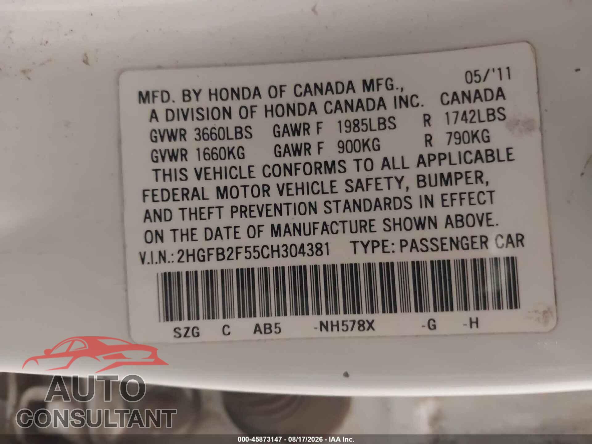 HONDA CIVIC 2012 - 2HGFB2F55CH304381