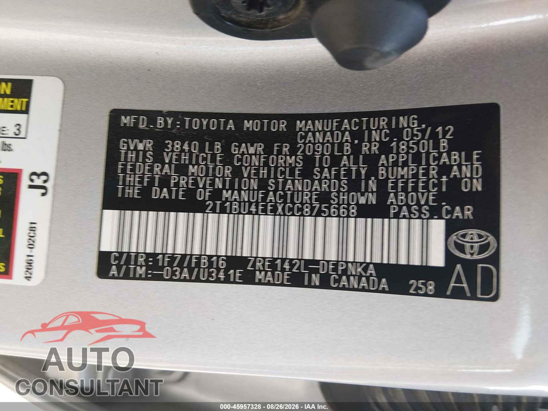TOYOTA COROLLA 2012 - 2T1BU4EEXCC875668