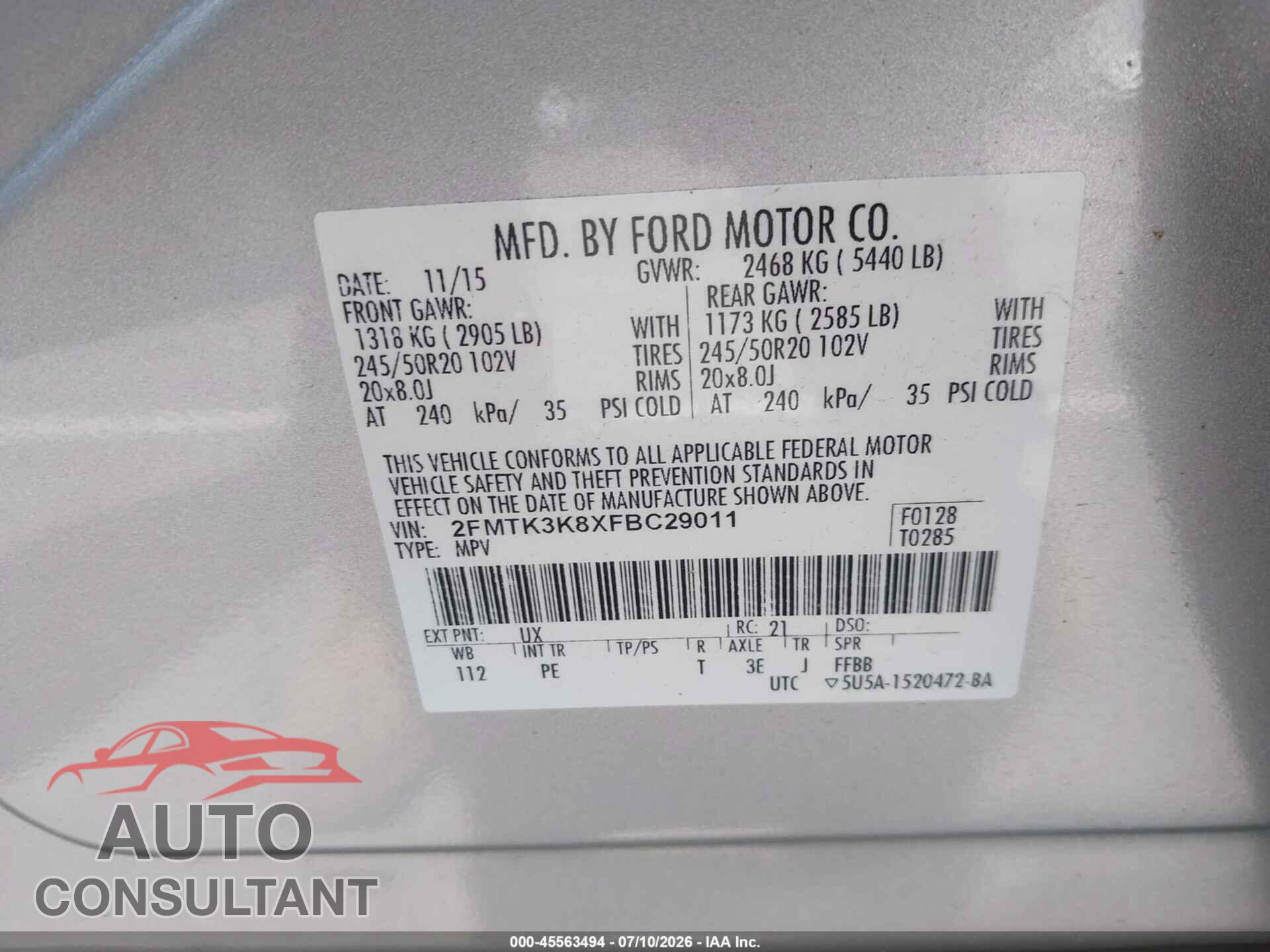 FORD EDGE 2015 - 2FMTK3K8XFBC29011