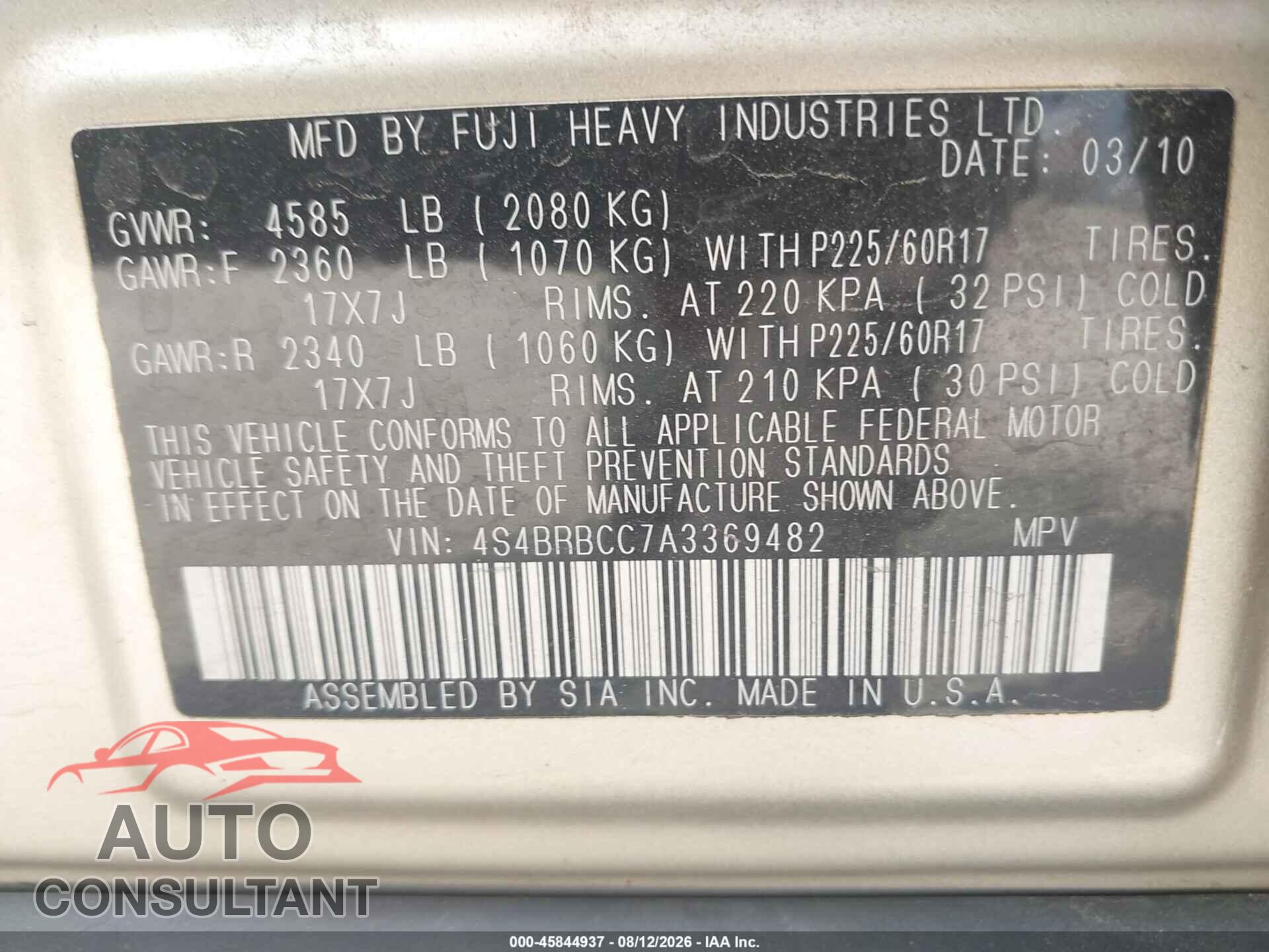 SUBARU OUTBACK 2010 - 4S4BRBCC7A3369482