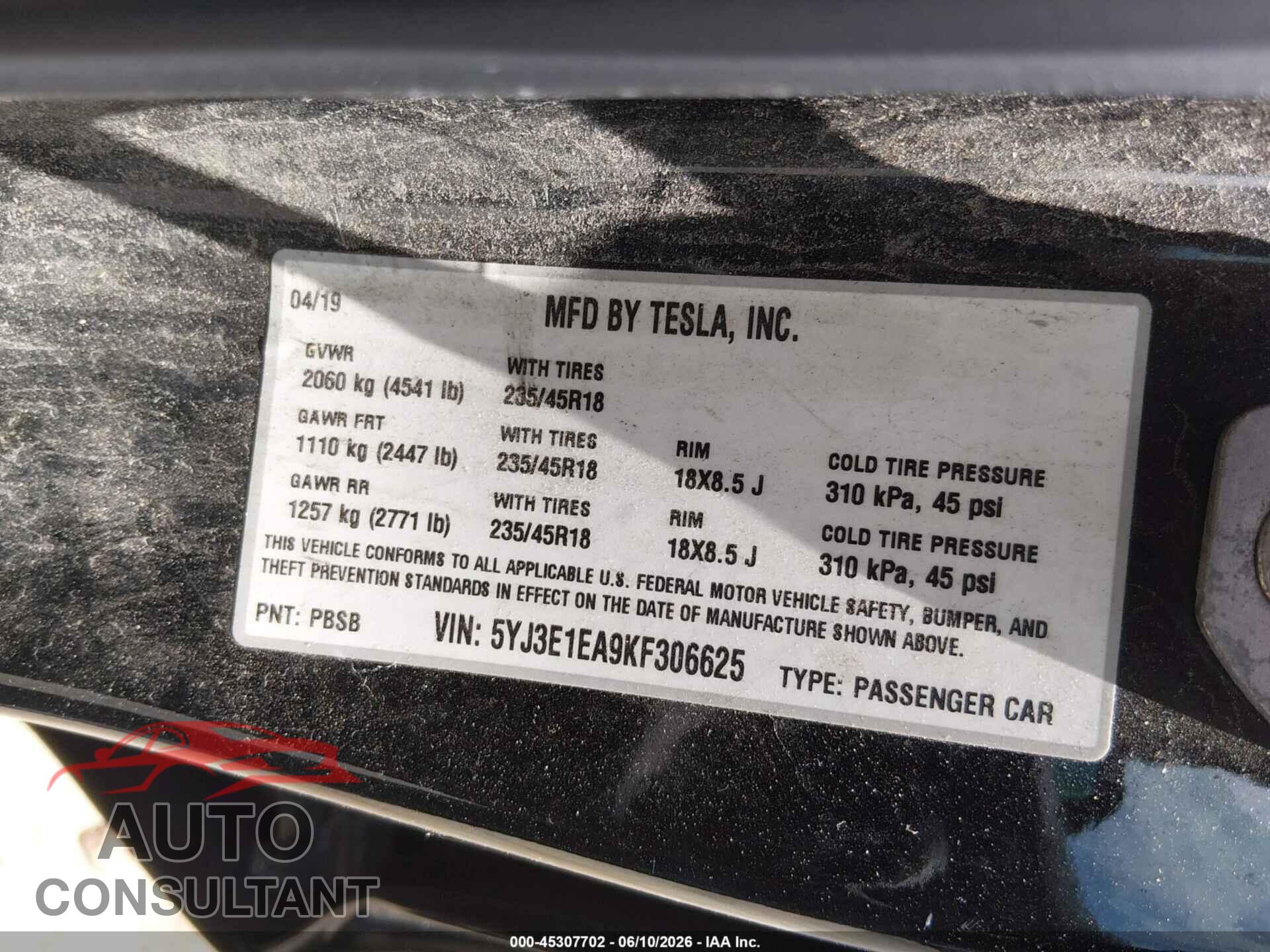TESLA MODEL 3 2019 - 5YJ3E1EA9KF306625