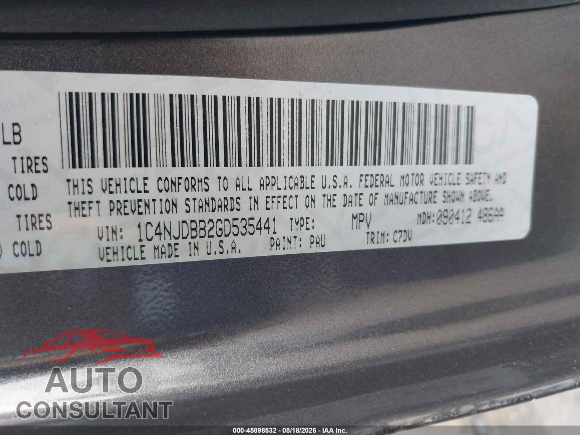 JEEP COMPASS 2016 - 1C4NJDBB2GD535441
