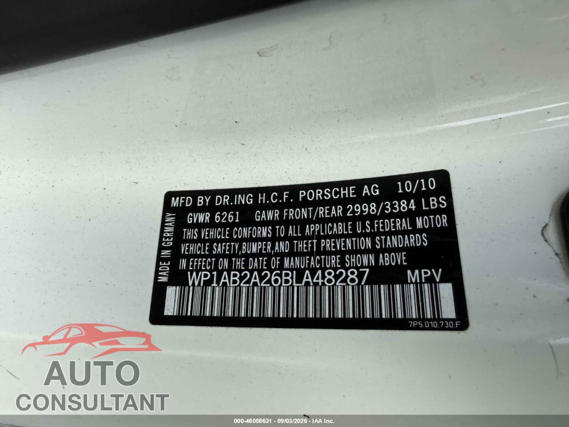 PORSCHE CAYENNE 2011 - WP1AB2A26BLA48287