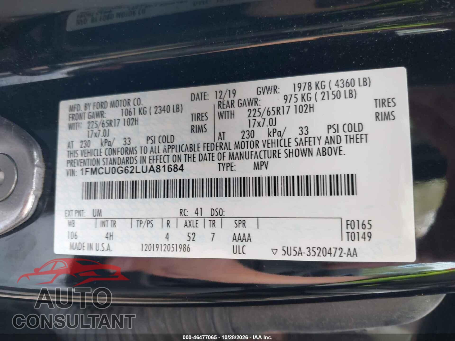 FORD ESCAPE 2020 - 1FMCU0G62LUA81684