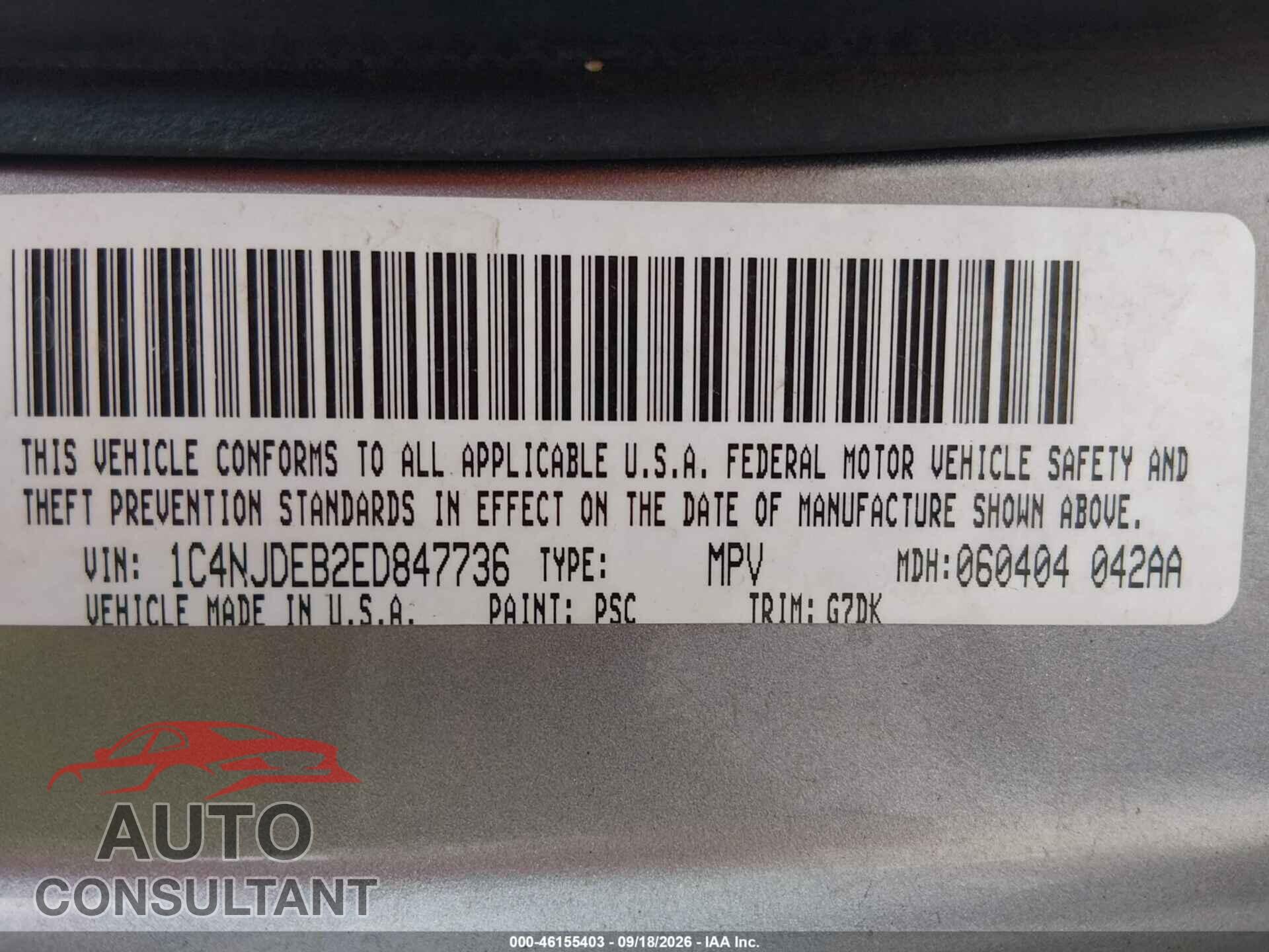 JEEP COMPASS 2014 - 1C4NJDEB2ED847736