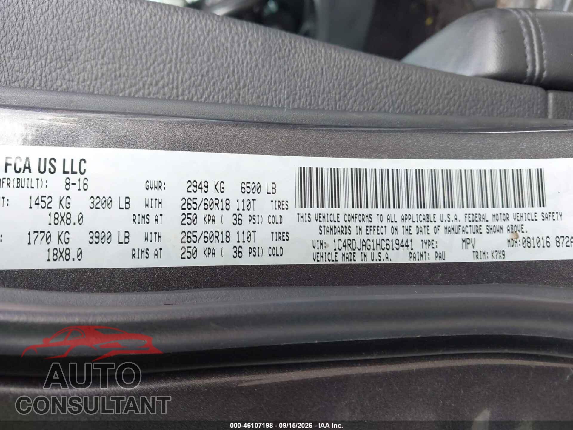 DODGE DURANGO 2017 - 1C4RDJAG1HC619441