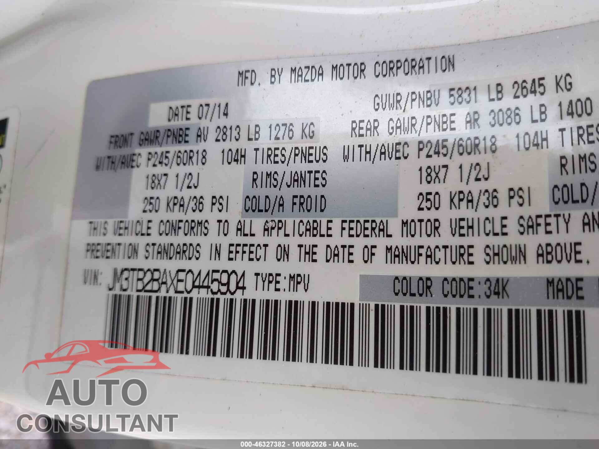 MAZDA CX-9 2014 - JM3TB2BAXE0445904